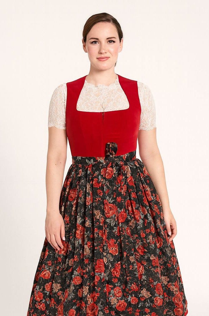 Dirndl Goldstich Samt rot Blumen 75cm