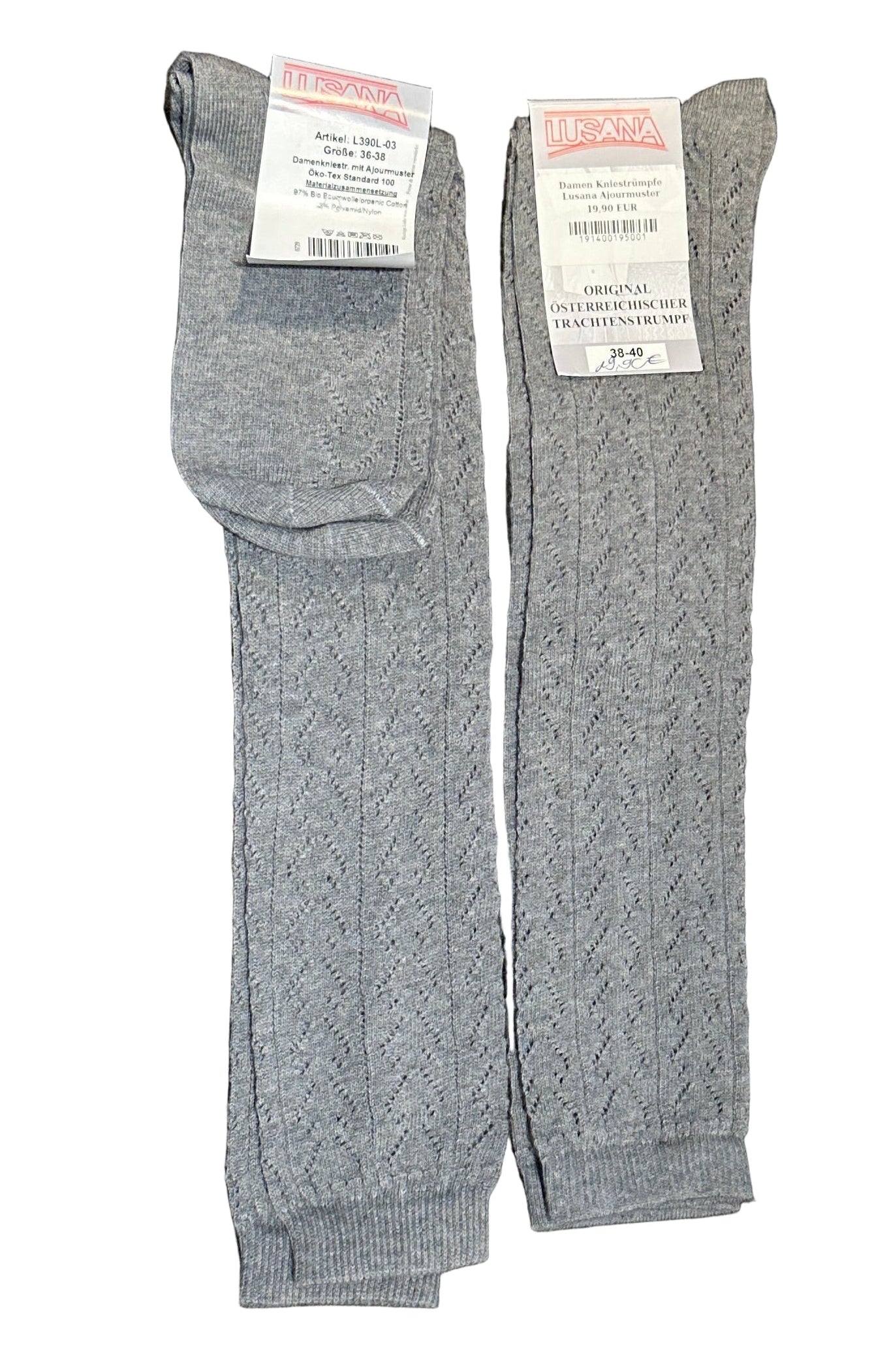 Damen Kniestrümpfe Lusana Ajourmuster grau