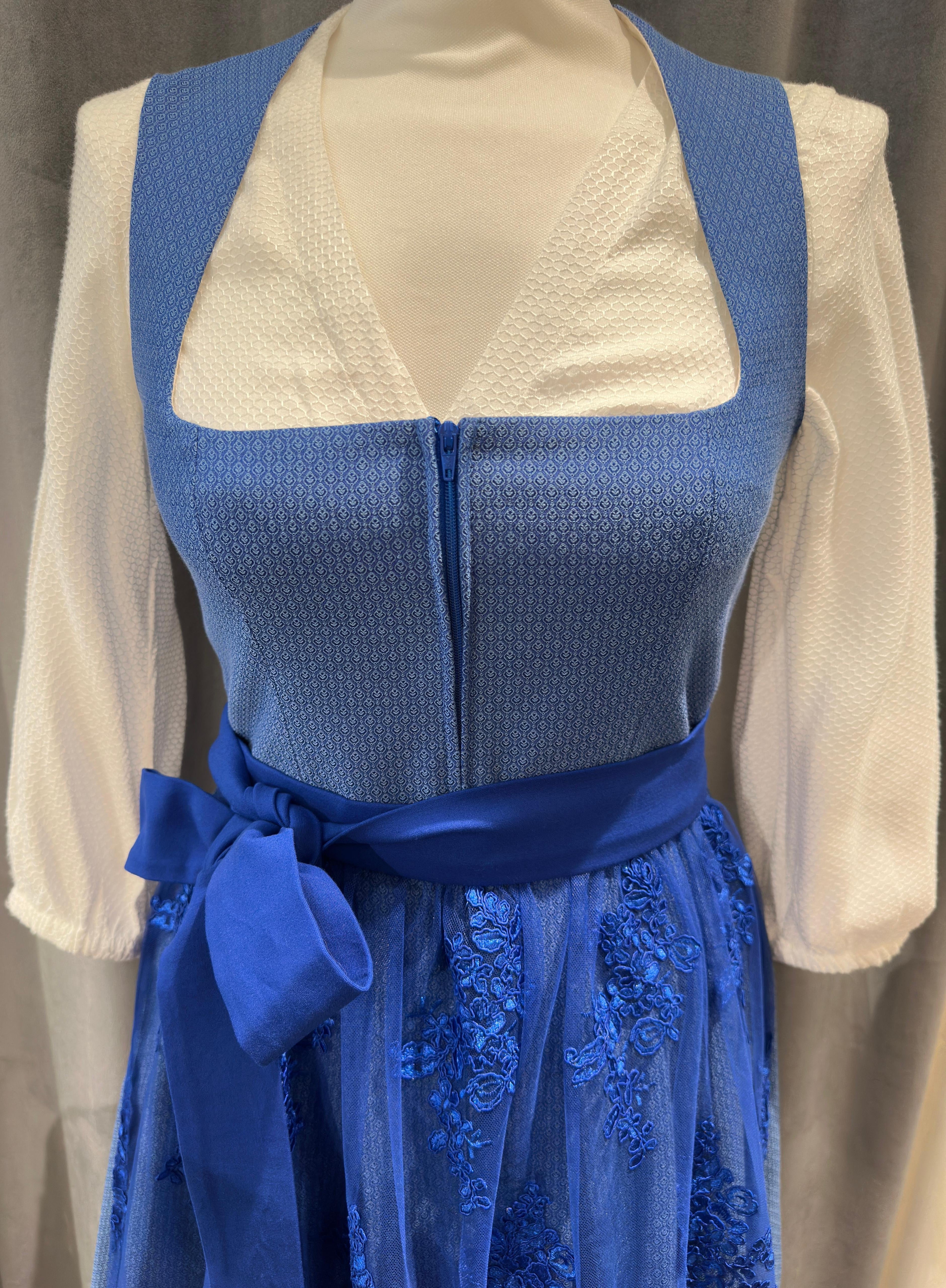 Dirndl Goldstich hellblau mit Spitzenschürze 70cm