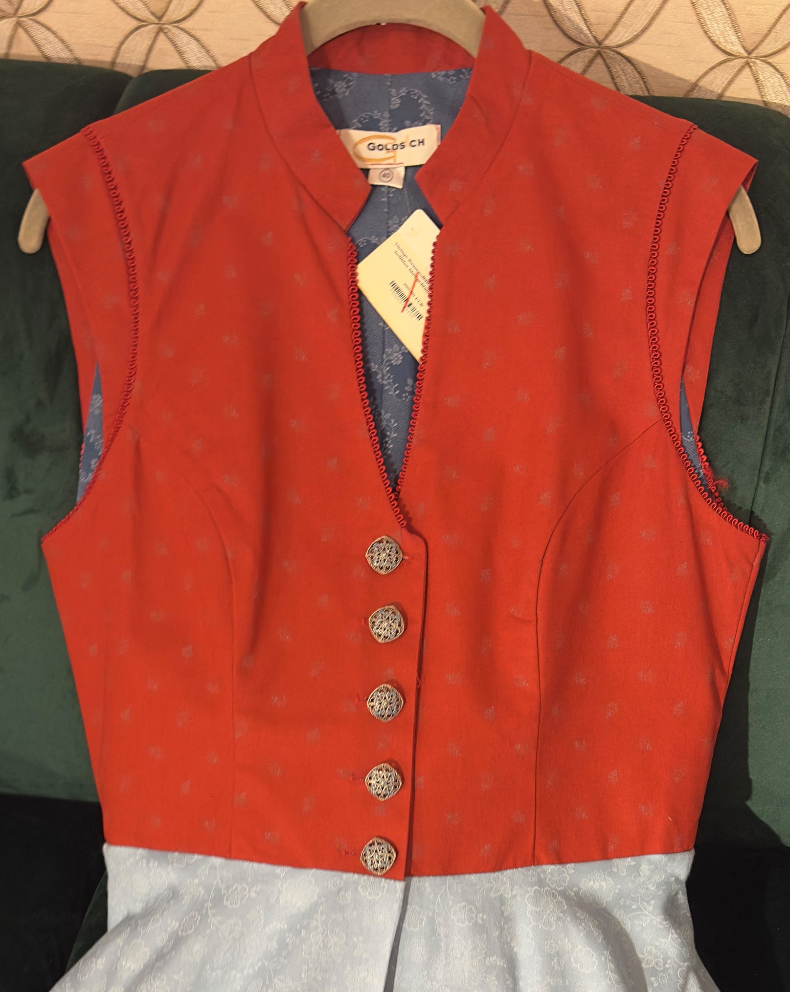 Vintage Baumwolldirndl Goldstich rost/hellblau/blau Schürze geblümt 65cm