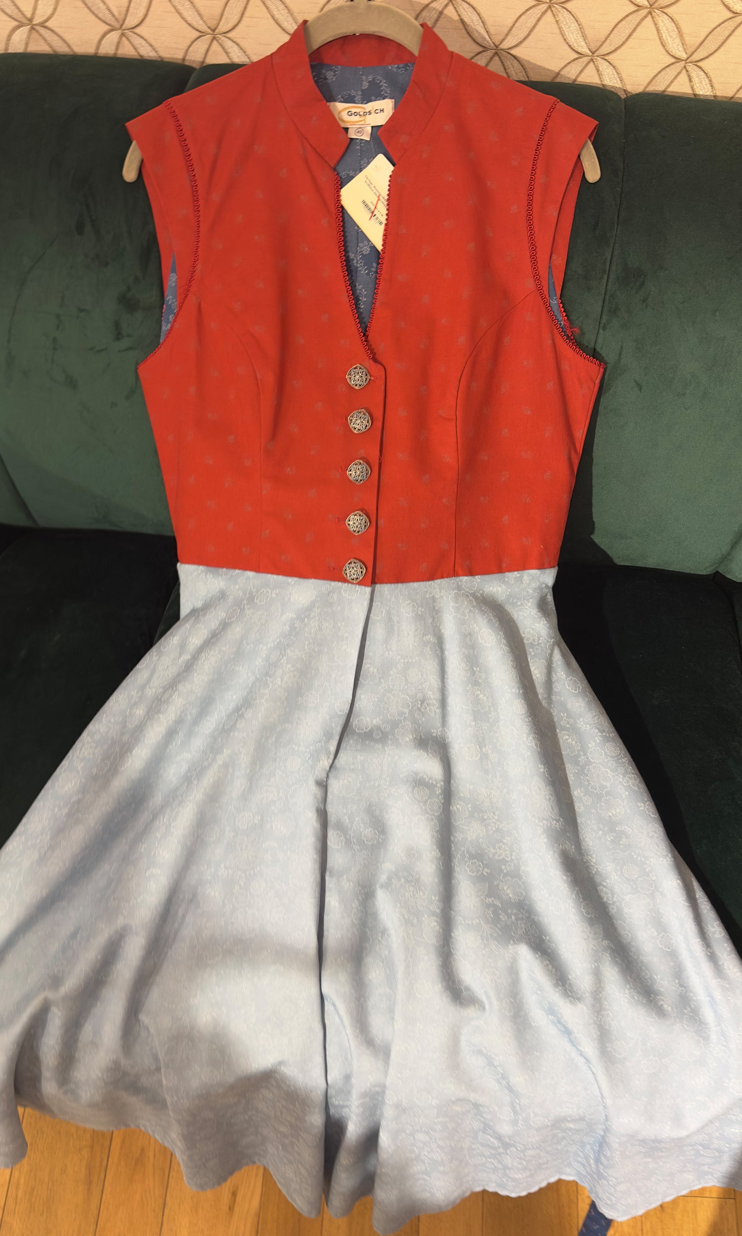Vintage Baumwolldirndl Goldstich rost/hellblau/blau 65cm