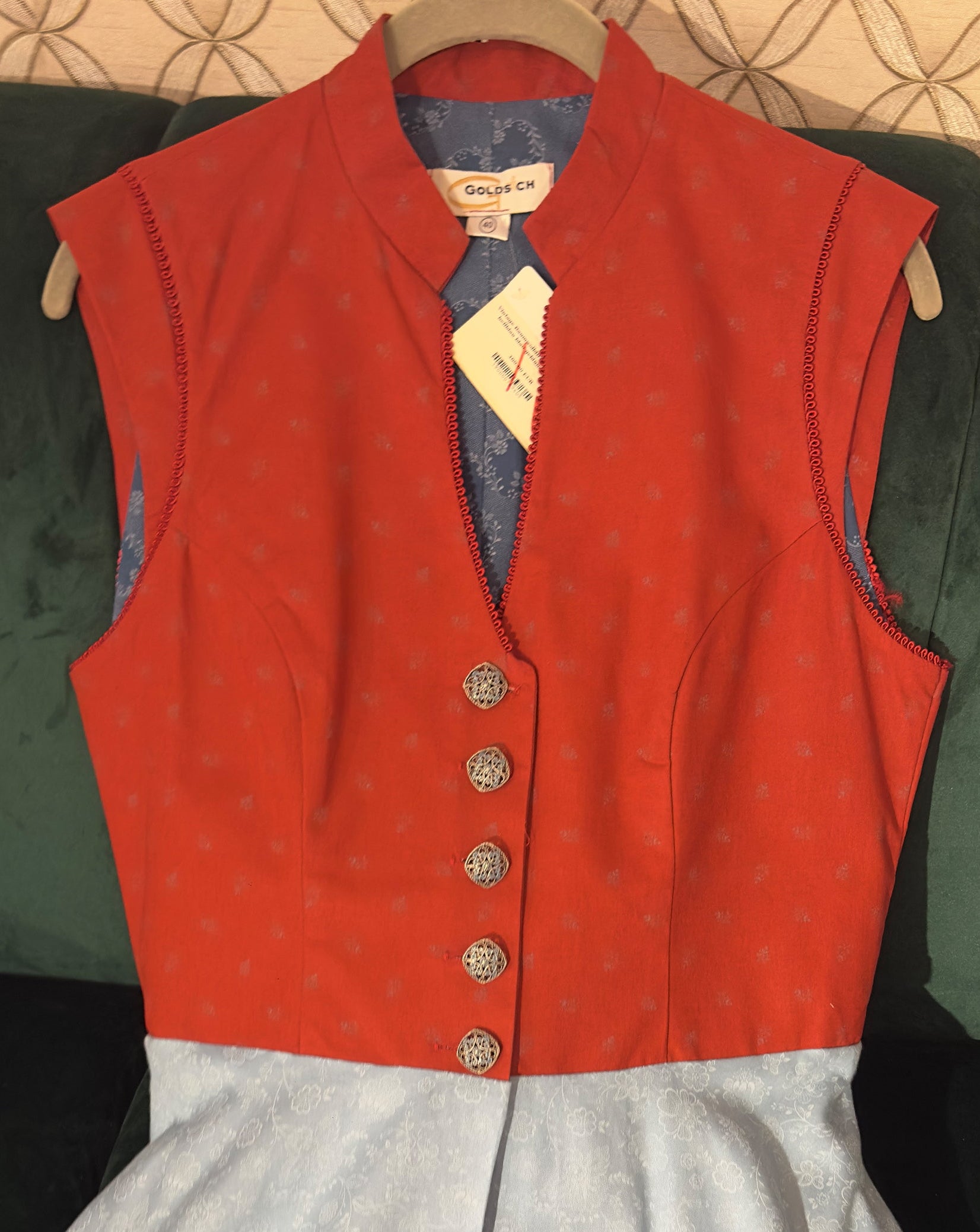 Vintage Baumwolldirndl Goldstich rost/hellblau/blau 65cm