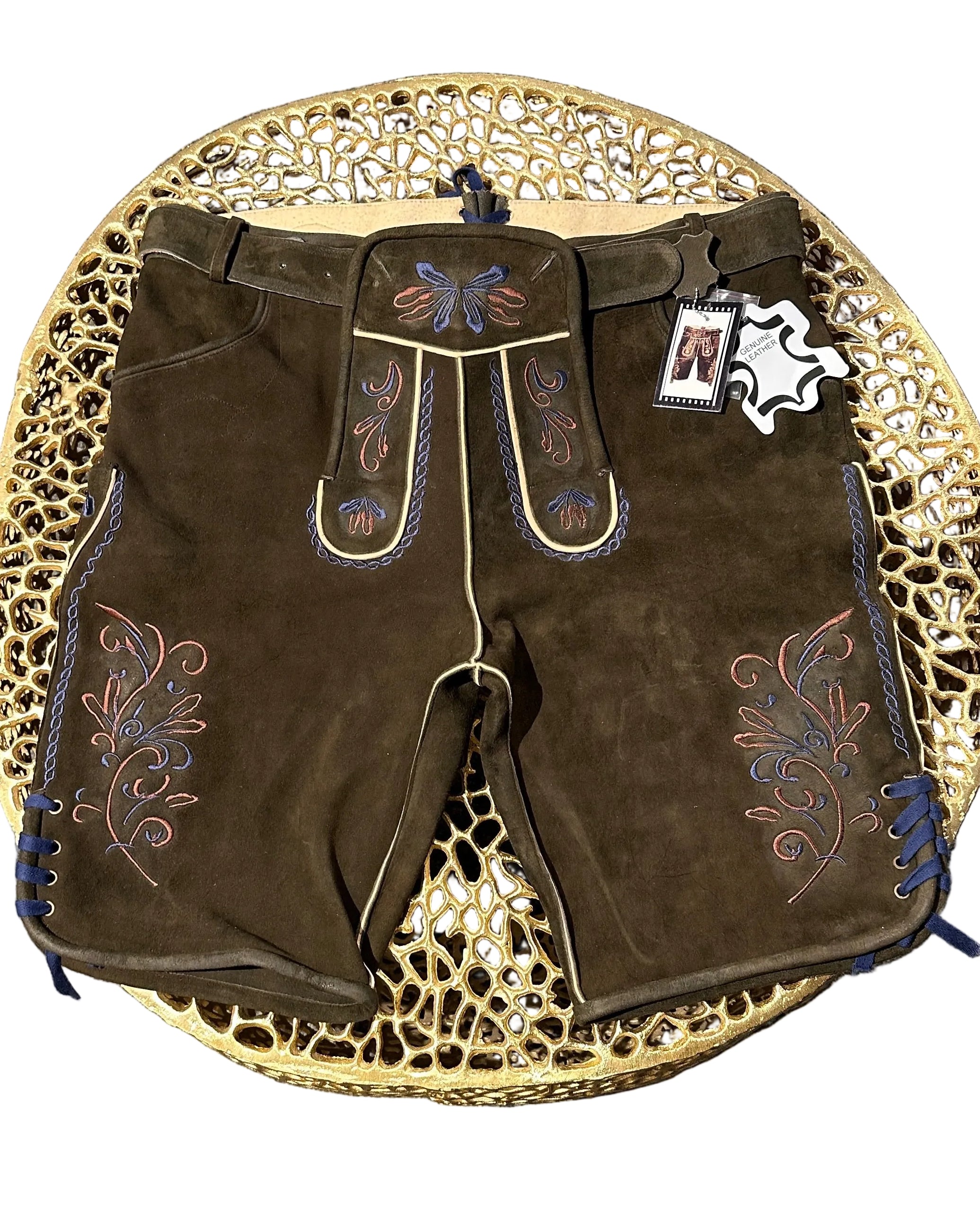 Lederhose braun mit bunter Stickerei