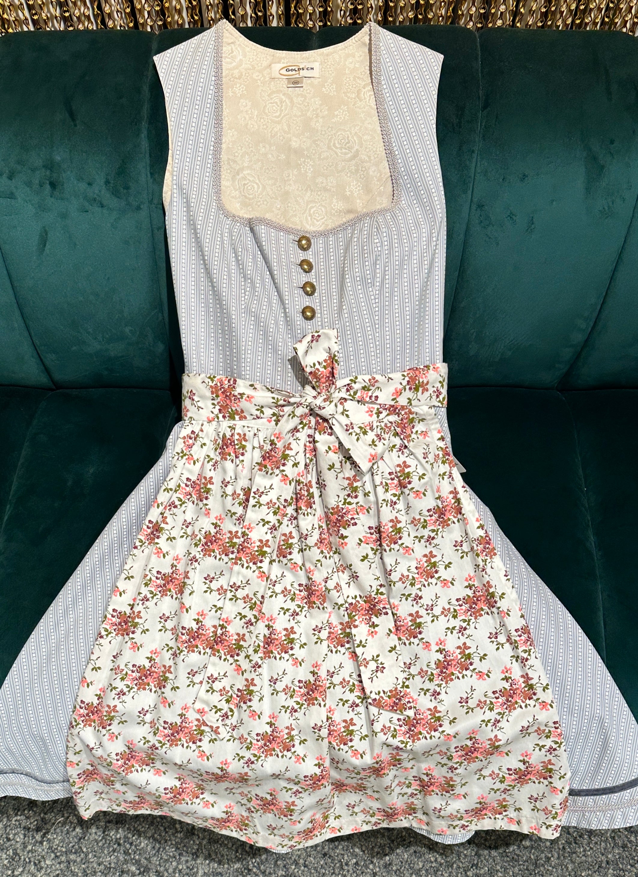 Baumwolldirndl Goldstich silber/weiß geblümt 64cm