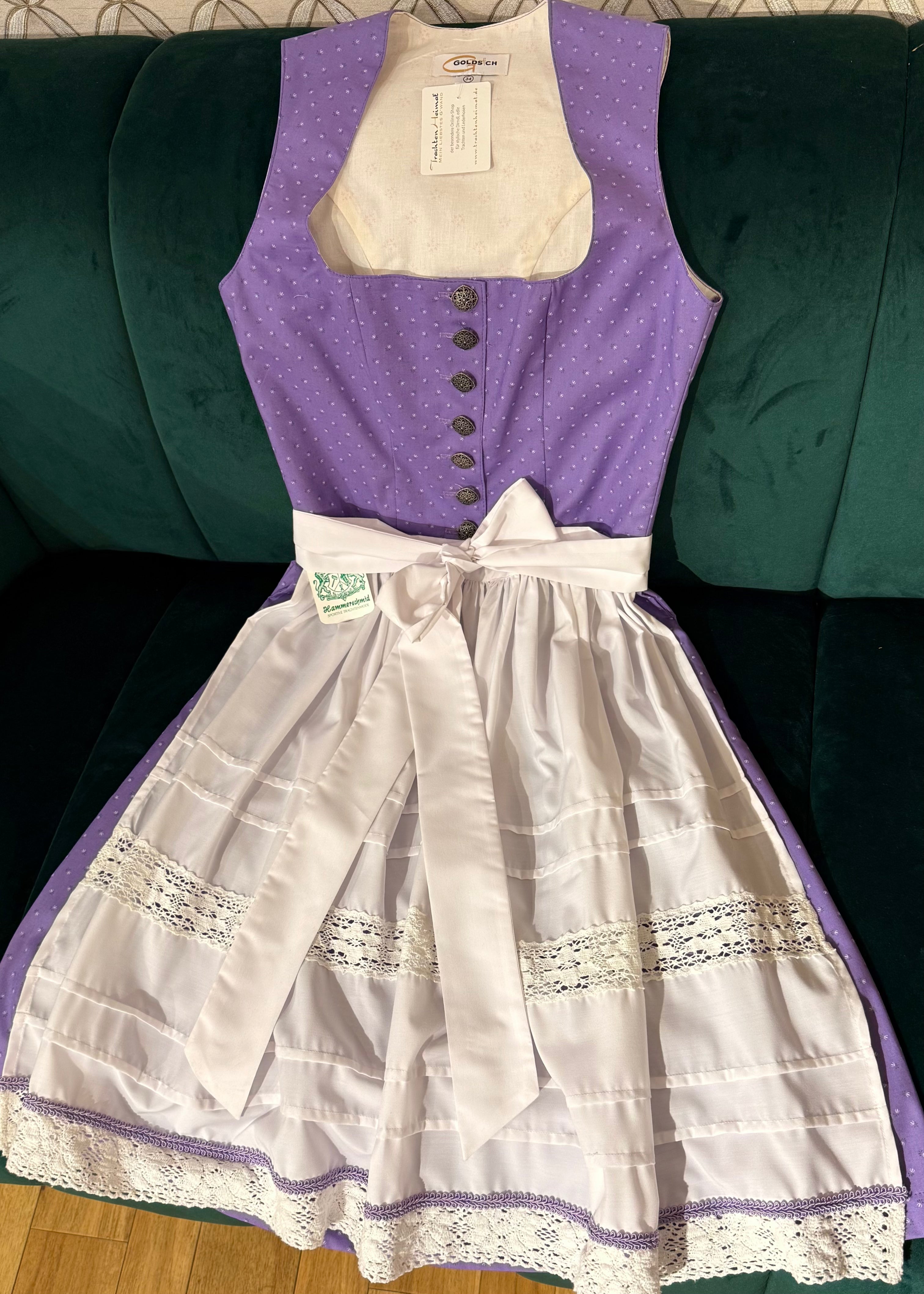 Dirndl Goldstich lila/weiß 60cm