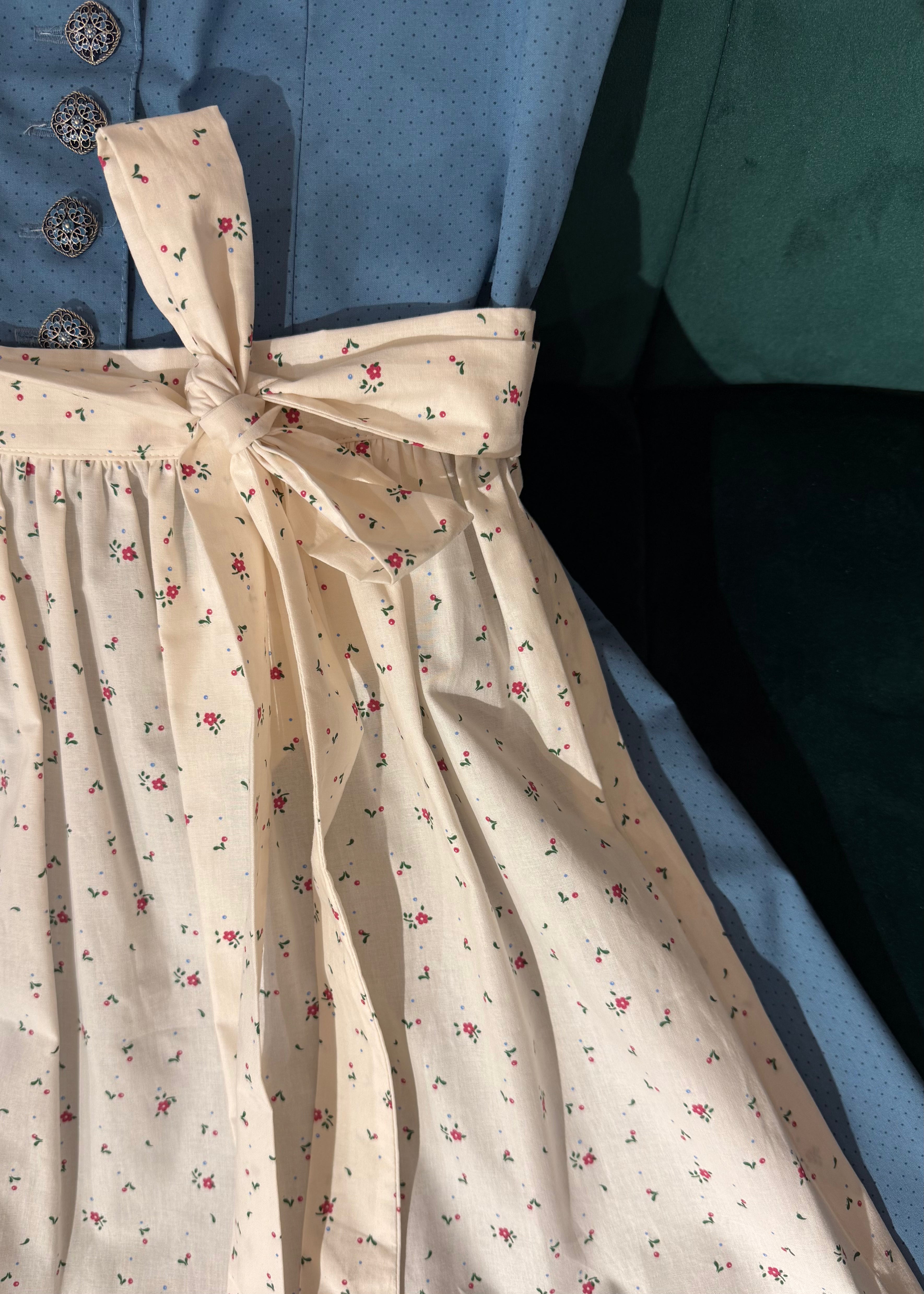 Baumwolldirndl Goldstich blau/creme 65cm