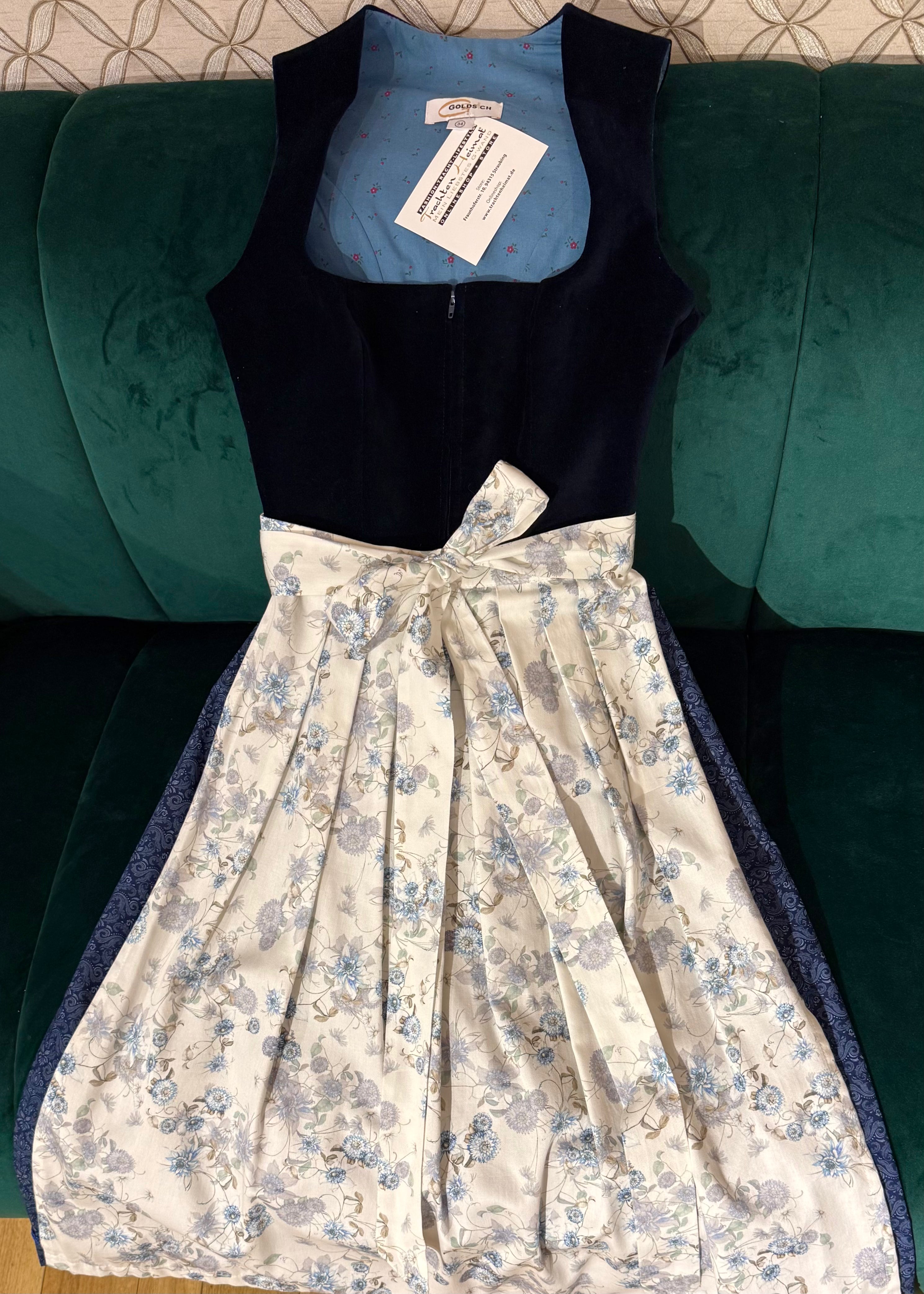 Dirndl Goldstich Samt dunkelblau mit Blumenschürze 75cm