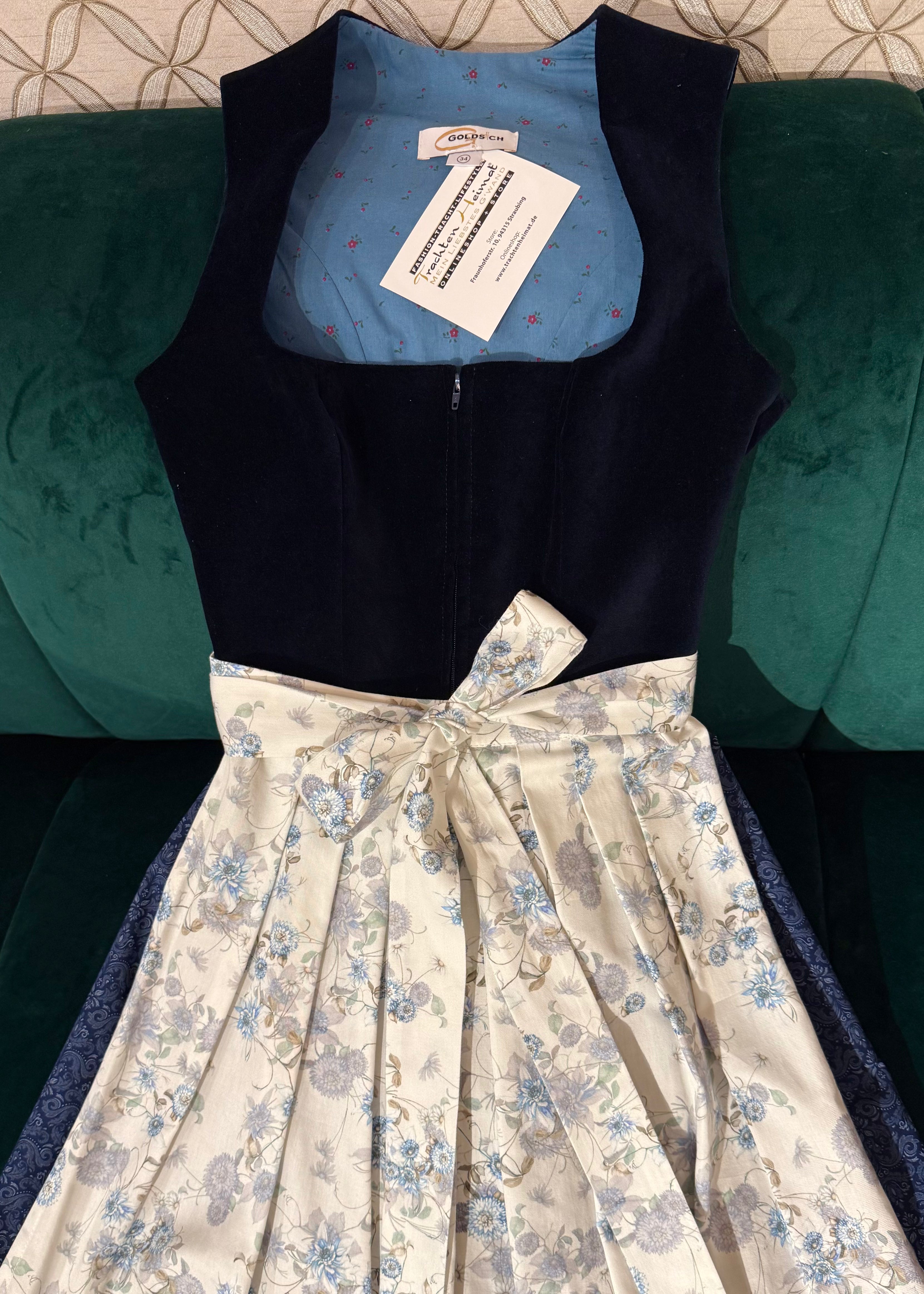 Dirndl Goldstich Samt dunkelblau mit Blumenschürze 75cm
