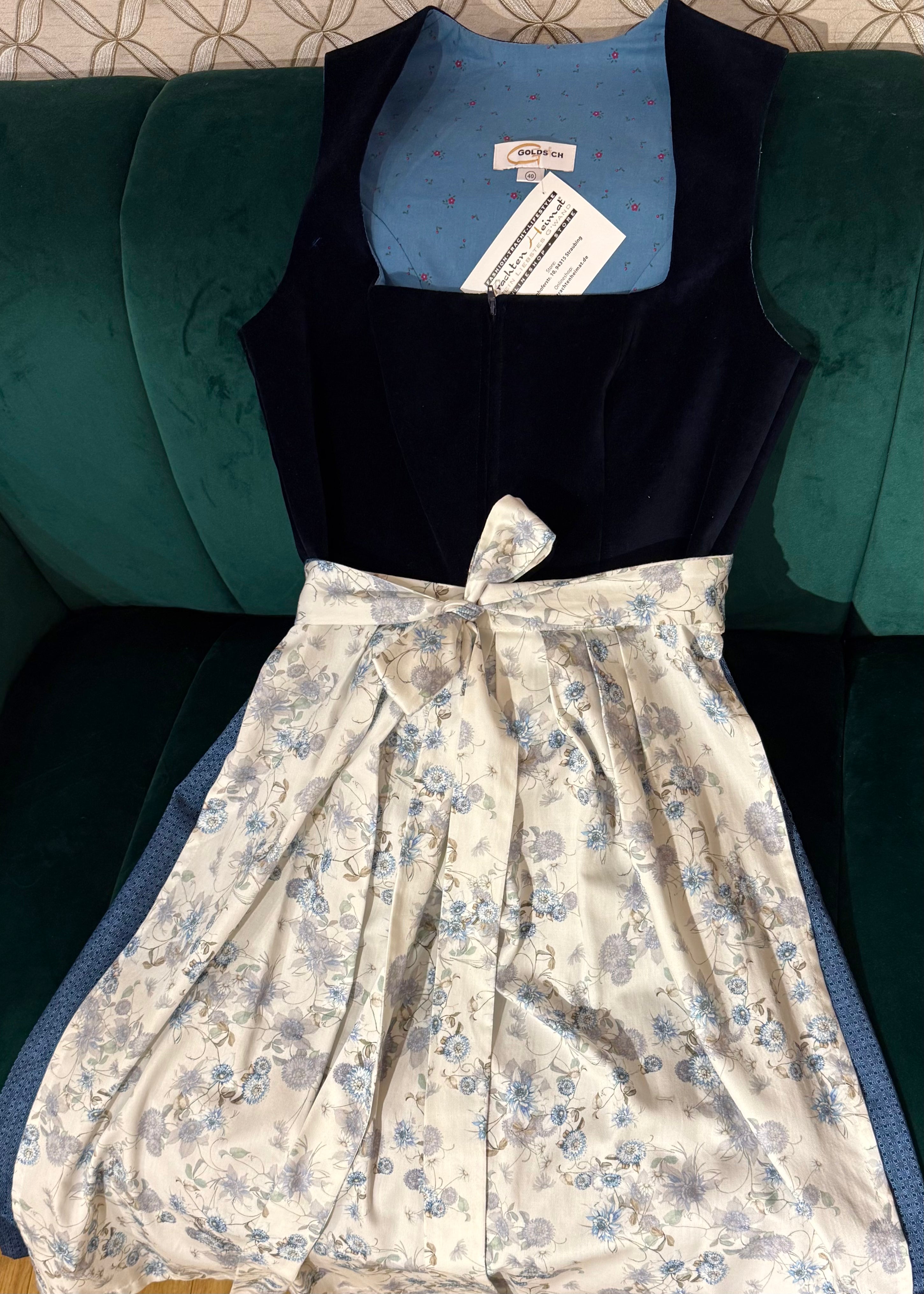 Dirndl Goldstich Samt dunkelblau 74cm