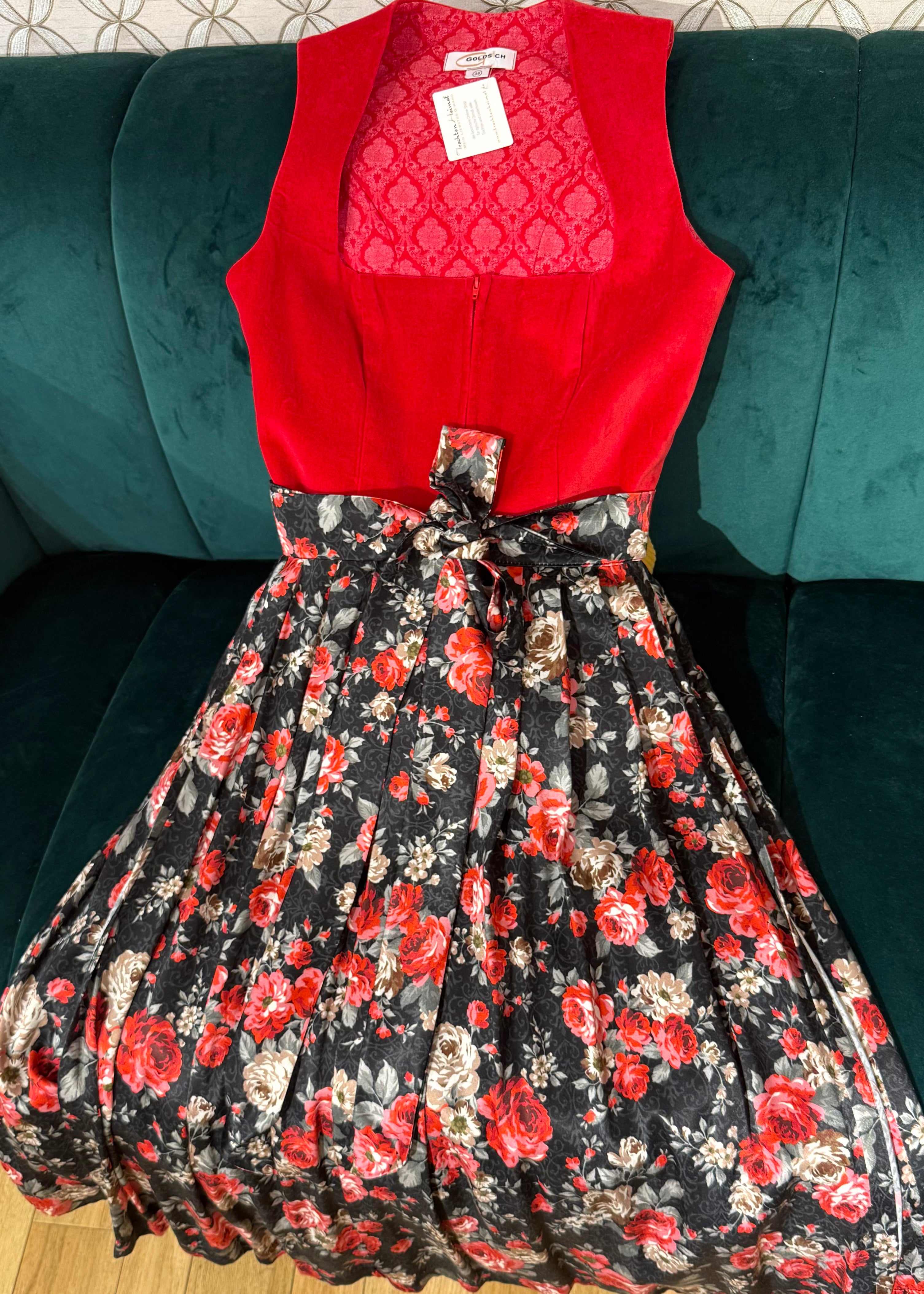 Dirndl Goldstich Samt rot Blumen 75cm