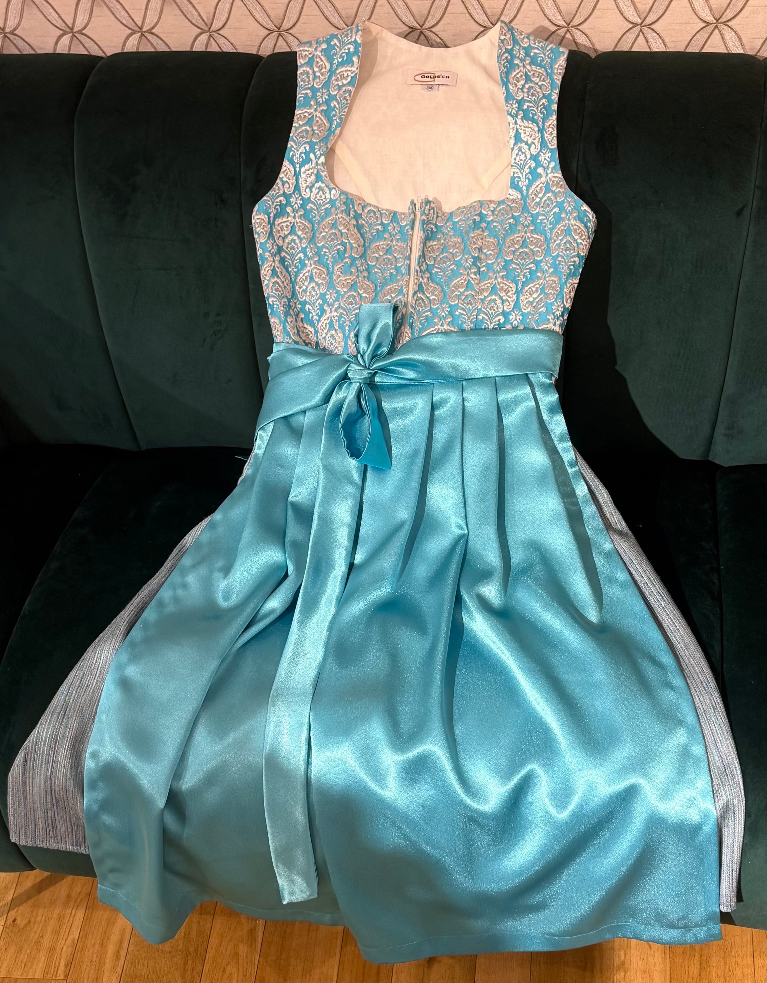 Dirndl Goldstich hellblau/weiß/silber 70cm