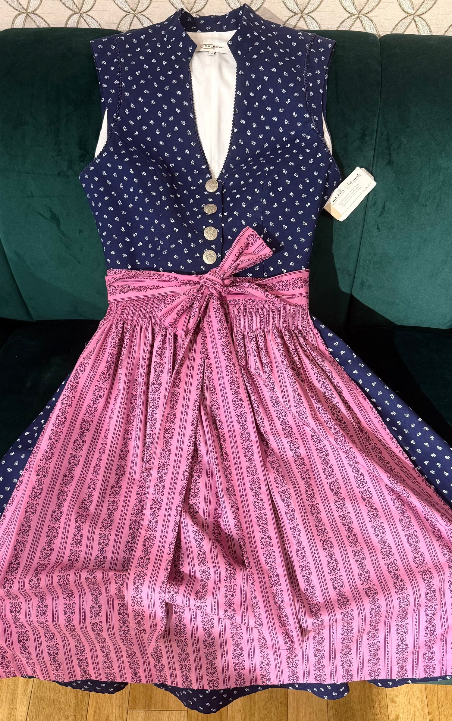 Vintage Baumwolldirndl Goldstich dunkelblau/pink 65cm