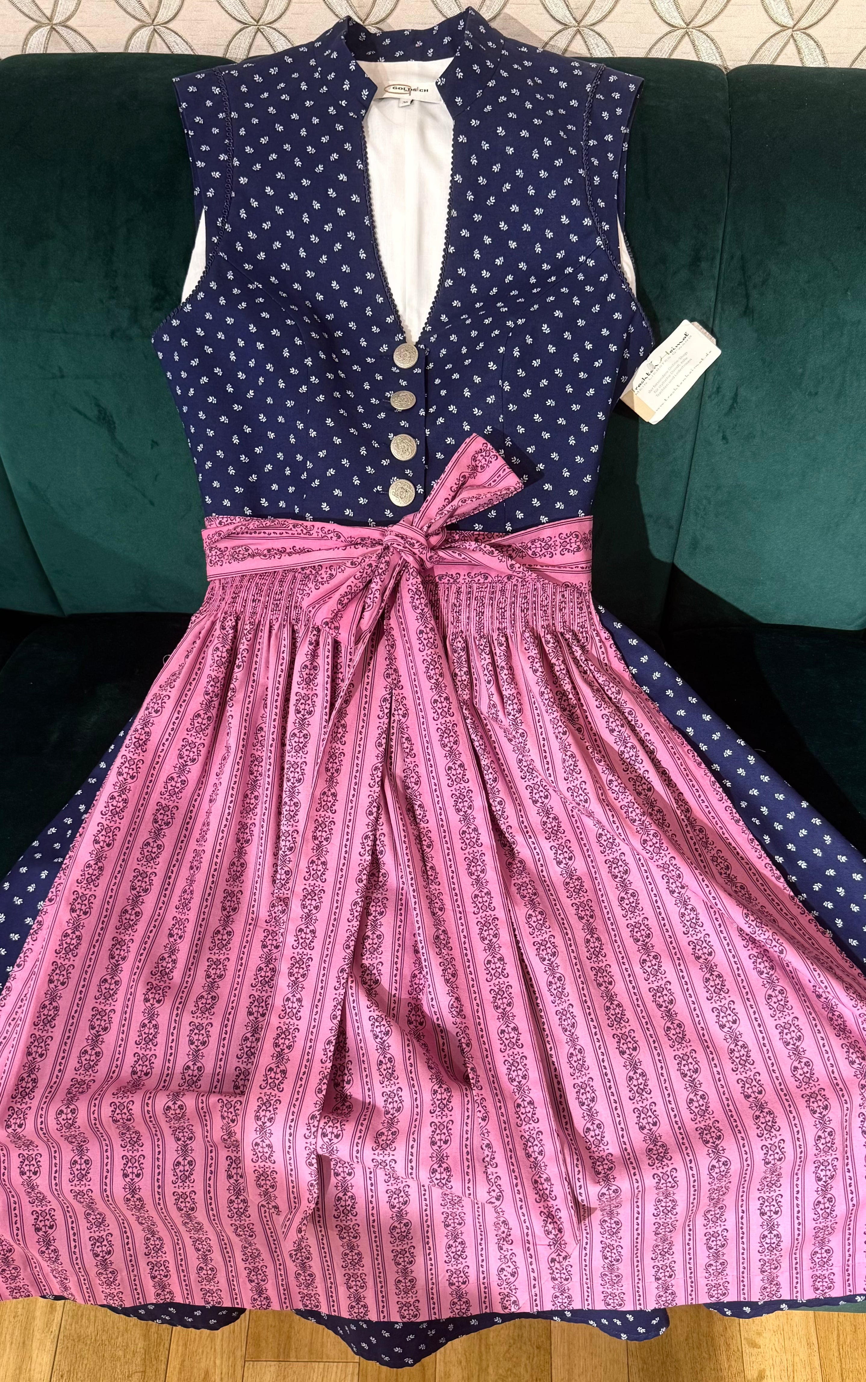 Vintage Baumwolldirndl Goldstich dunkelblau/pink 65cm