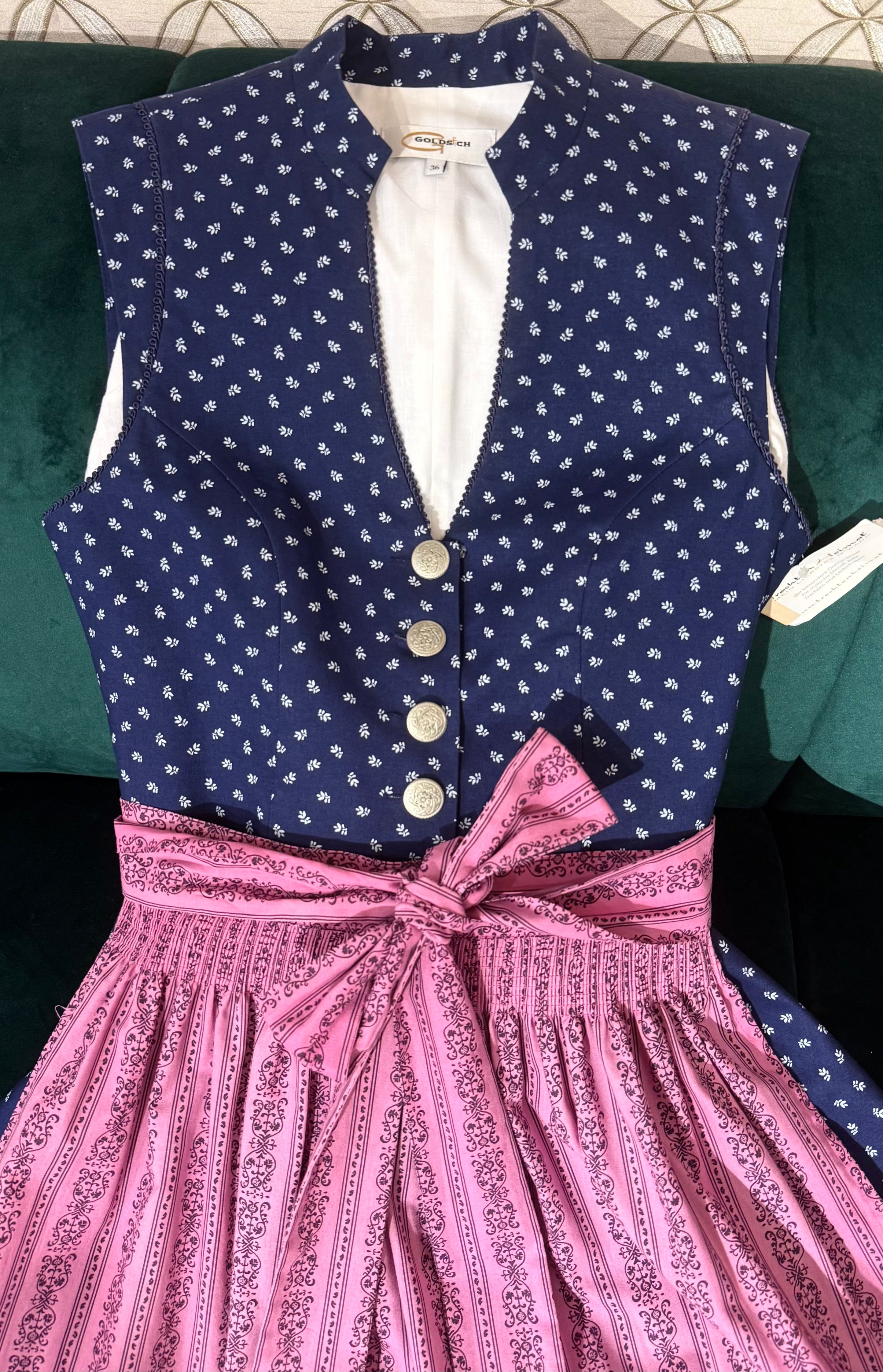 Vintage Baumwolldirndl Goldstich dunkelblau/pink 65cm