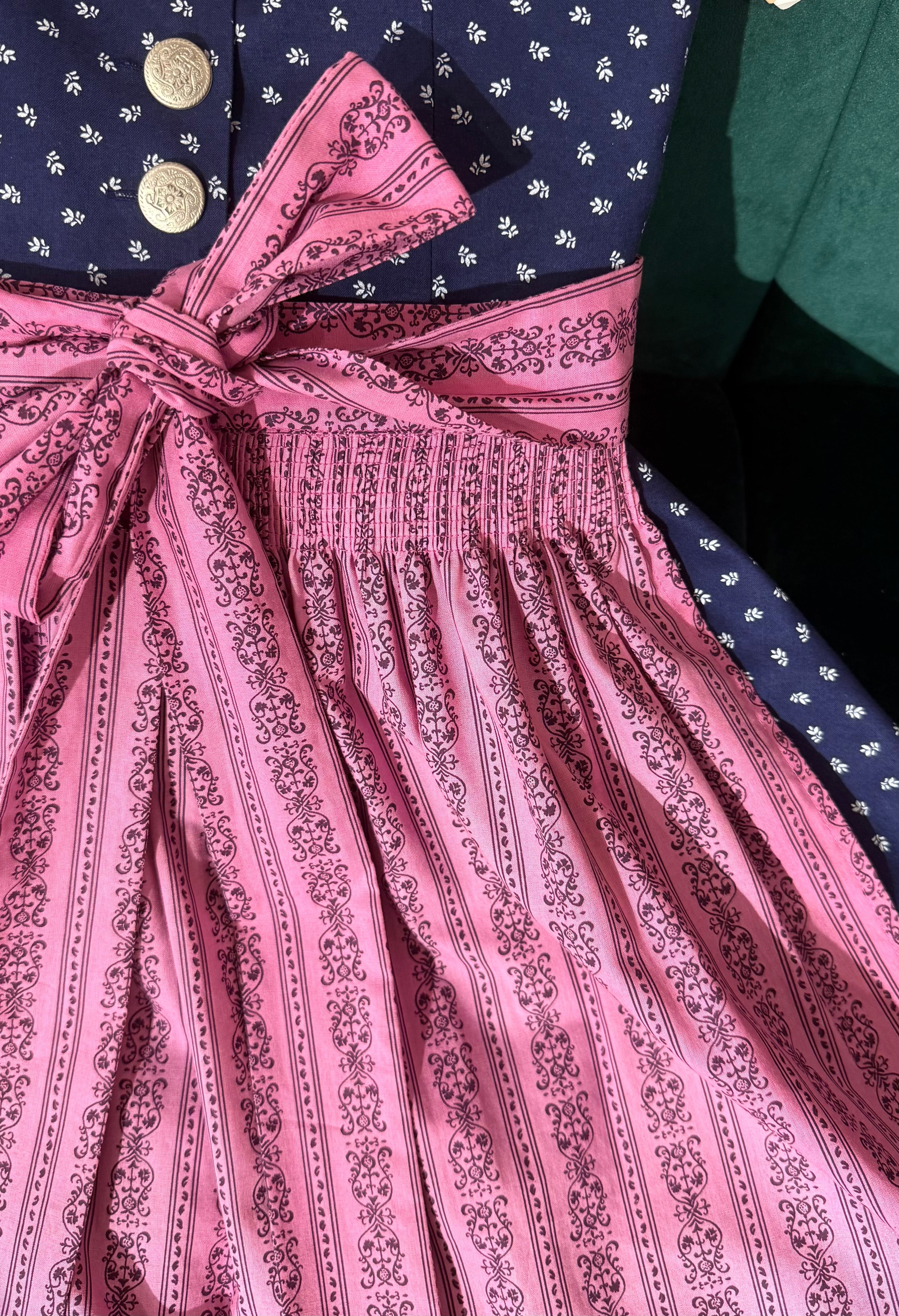 Vintage Baumwolldirndl Goldstich dunkelblau/pink 65cm