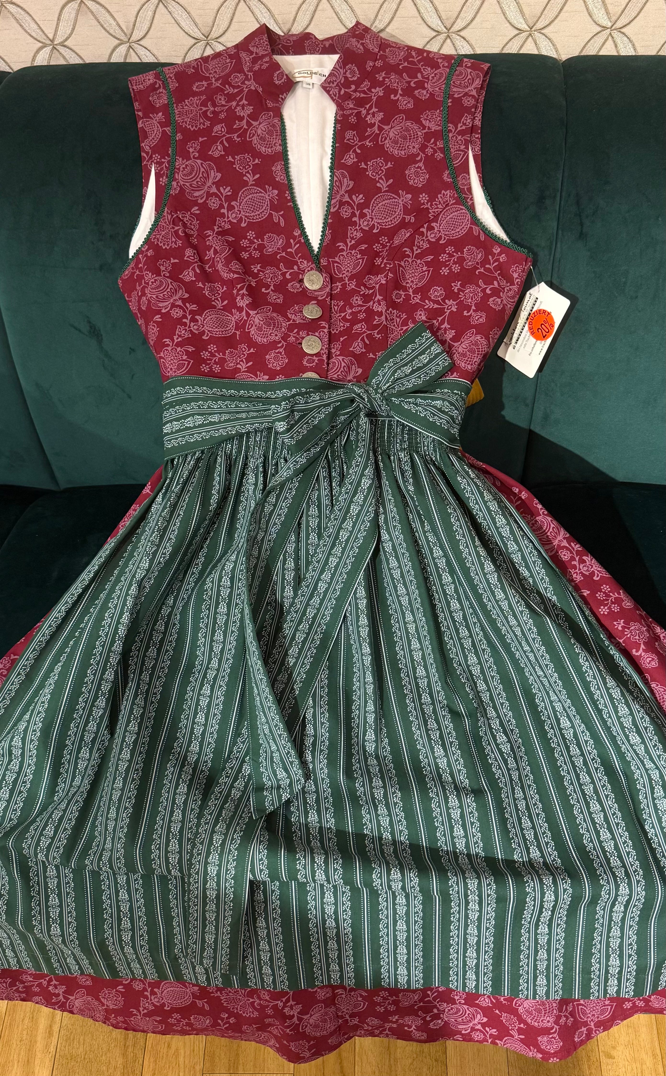 Baumwolldirndl Goldstich grün/bordeaux 65cm