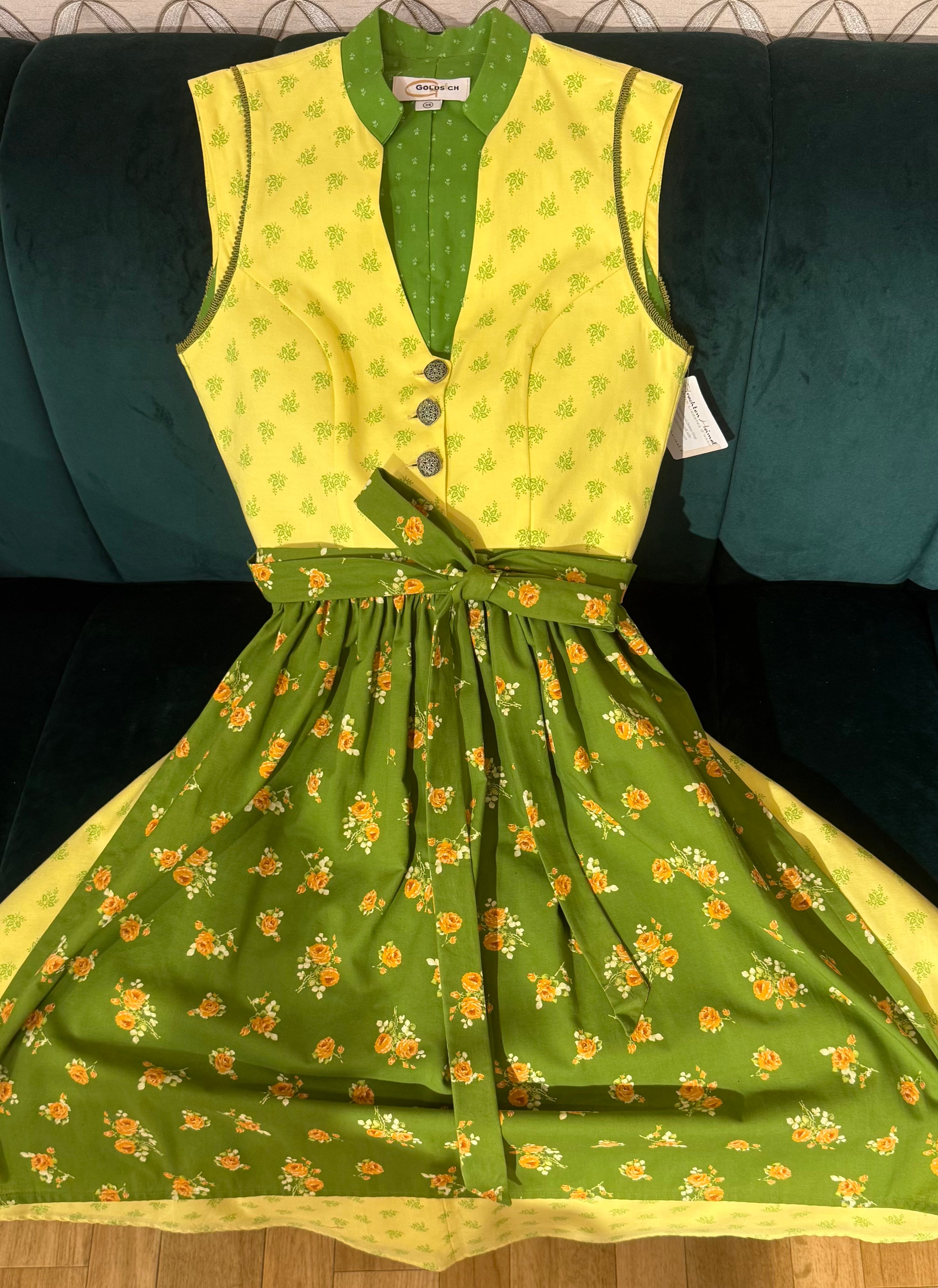Vintage Baumwolldirndl Goldstich gelb/grün 65cm