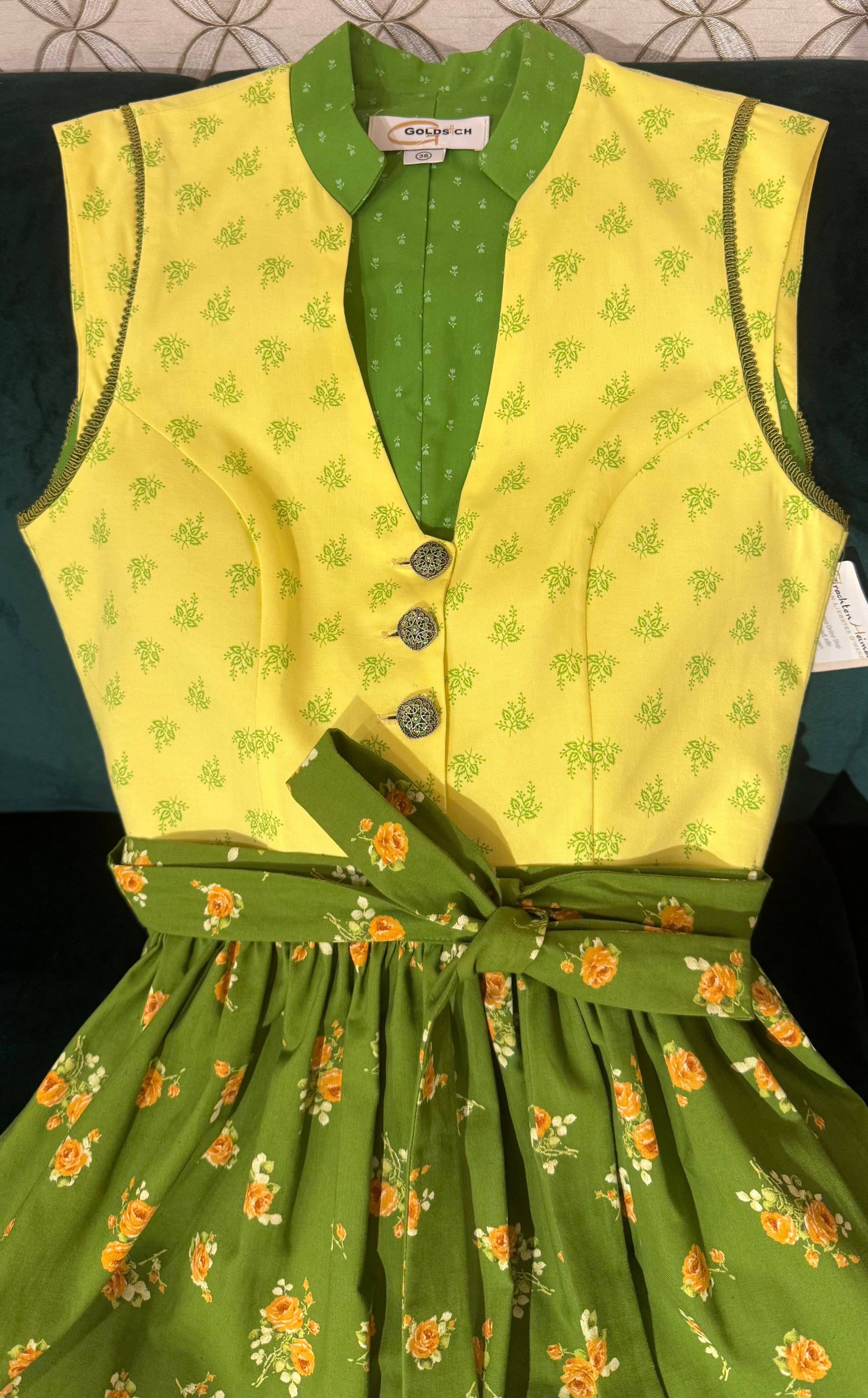 Vintage Baumwolldirndl Goldstich gelb/grün 65cm