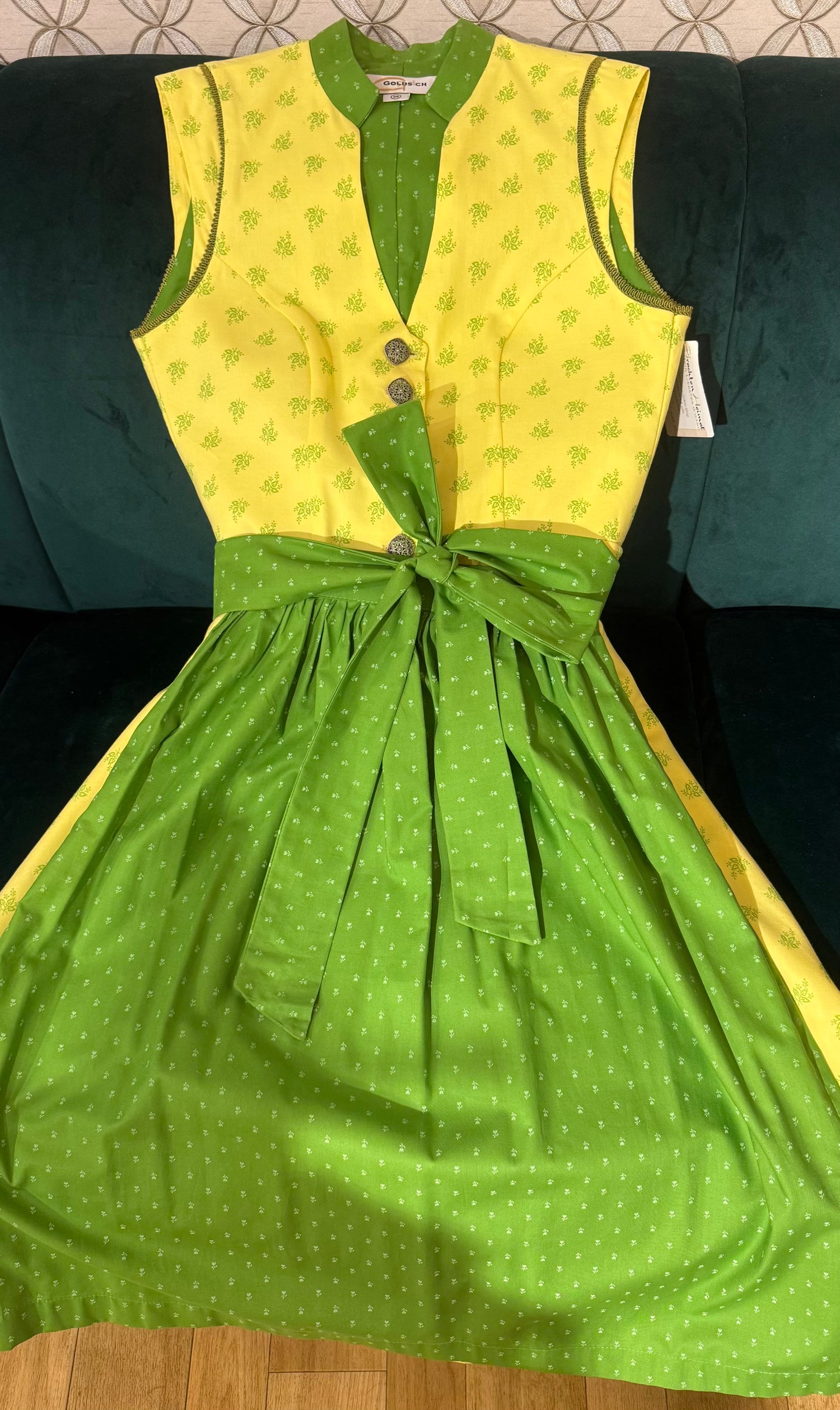 Vintage Baumwolldirndl Goldstich gelb/grün 65cm