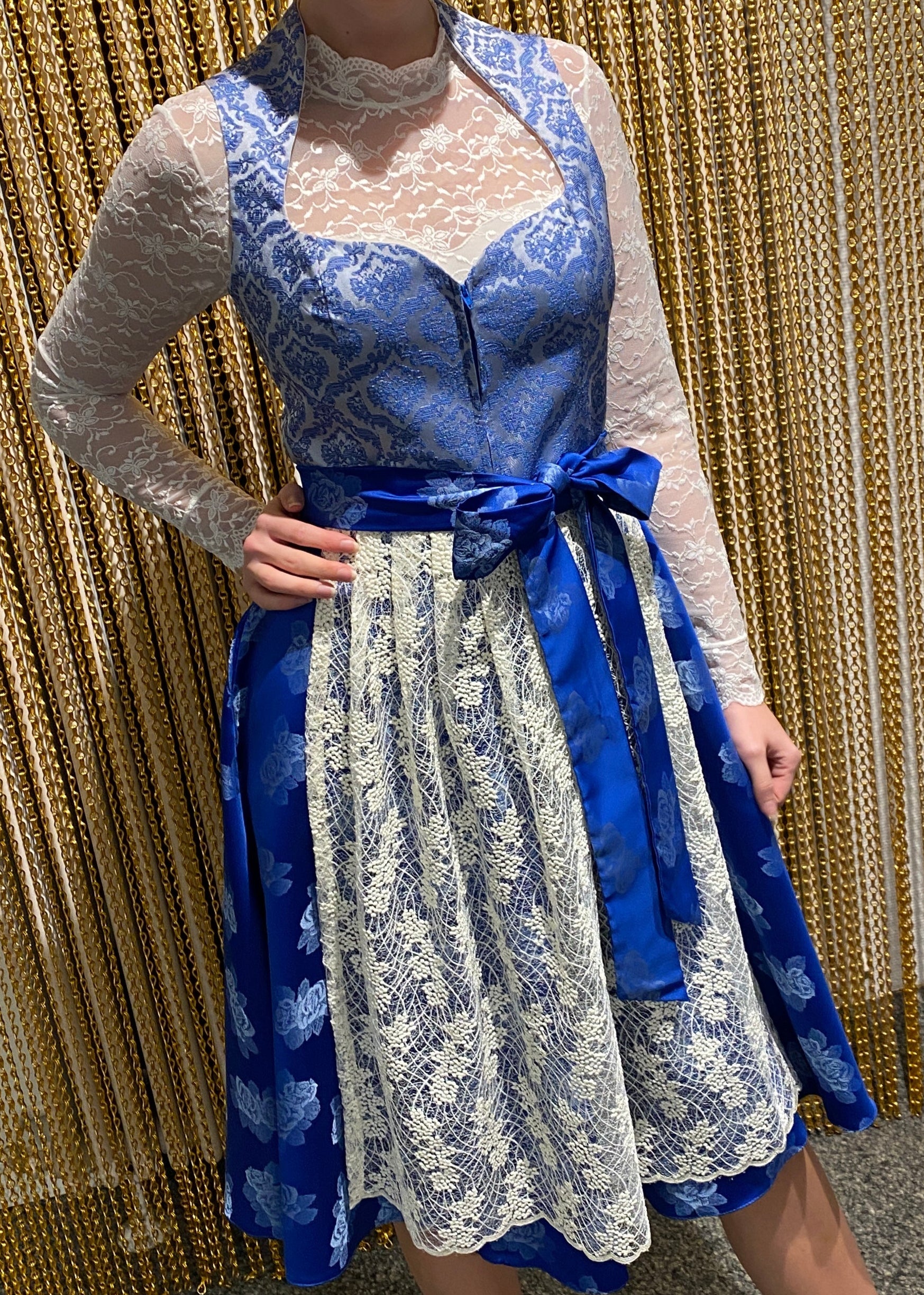 Dirndl Goldstich blau/silber Blumen 70cm