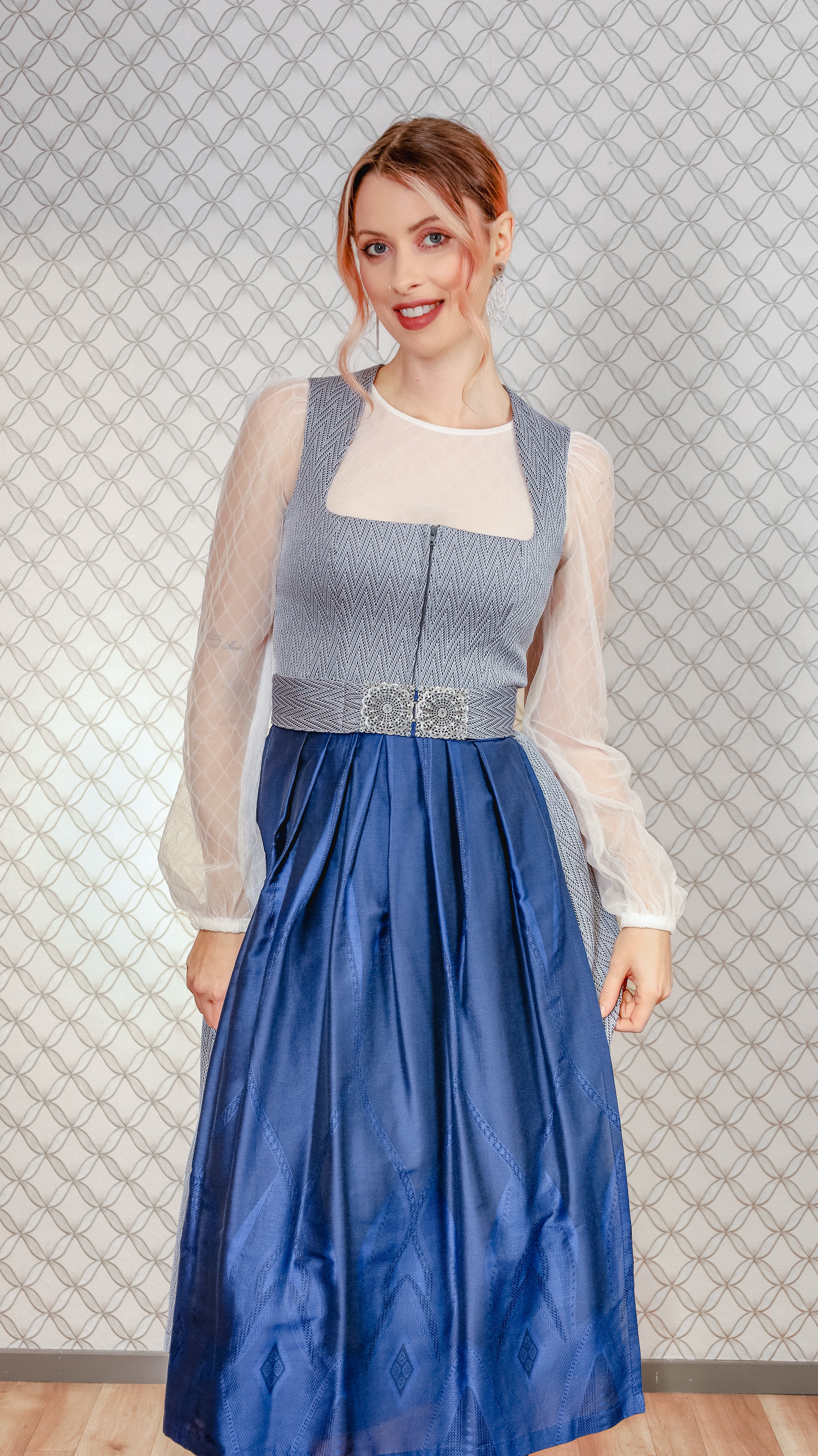 Stretch Dirndl Goldstich grau/blau 75cm