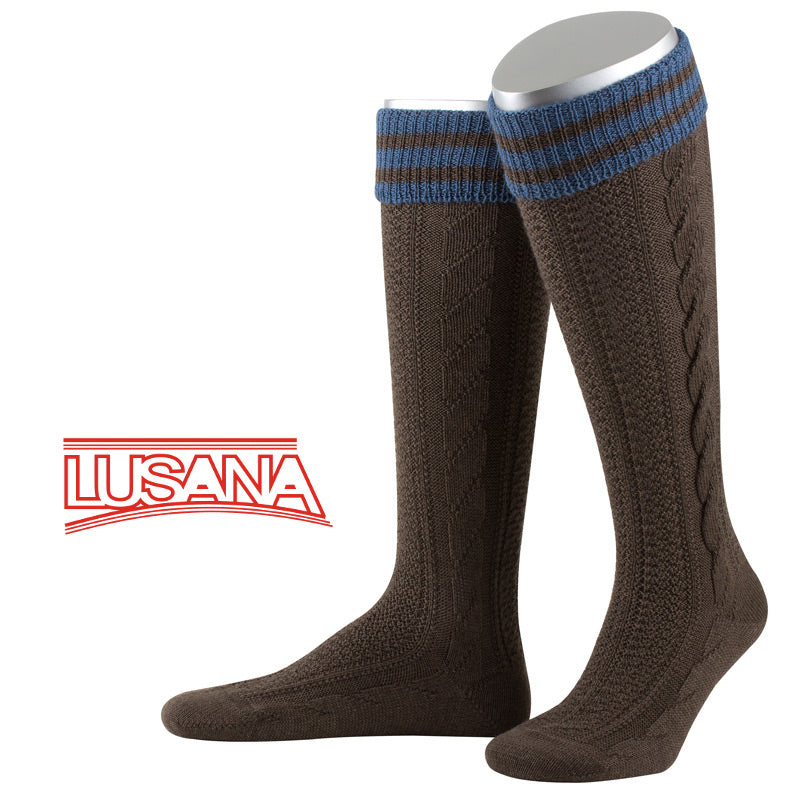 Trachten Strumpf Lusana braun-stahlblau mit Zöpfen