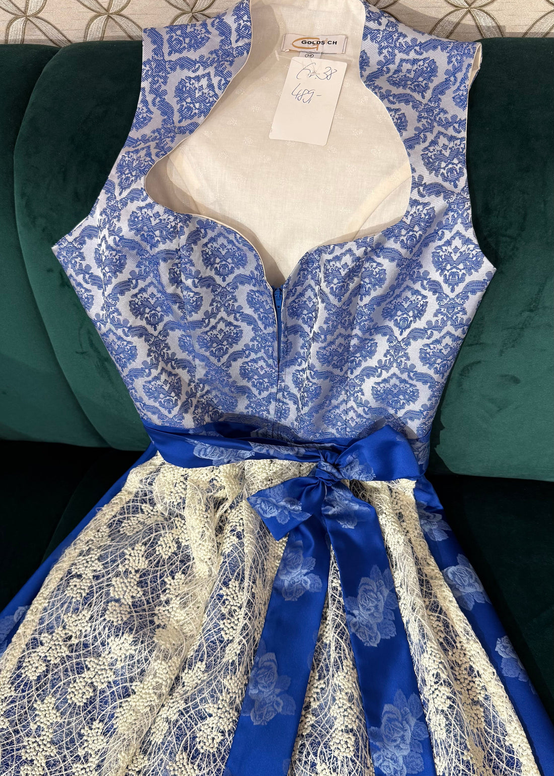 Dirndl Goldstich blau/silber Blumen 70cm