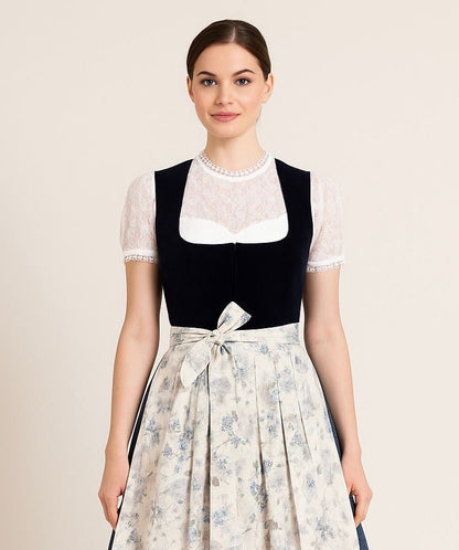 Dirndl Goldstich Samt dunkelblau mit Blumenschürze 75cm