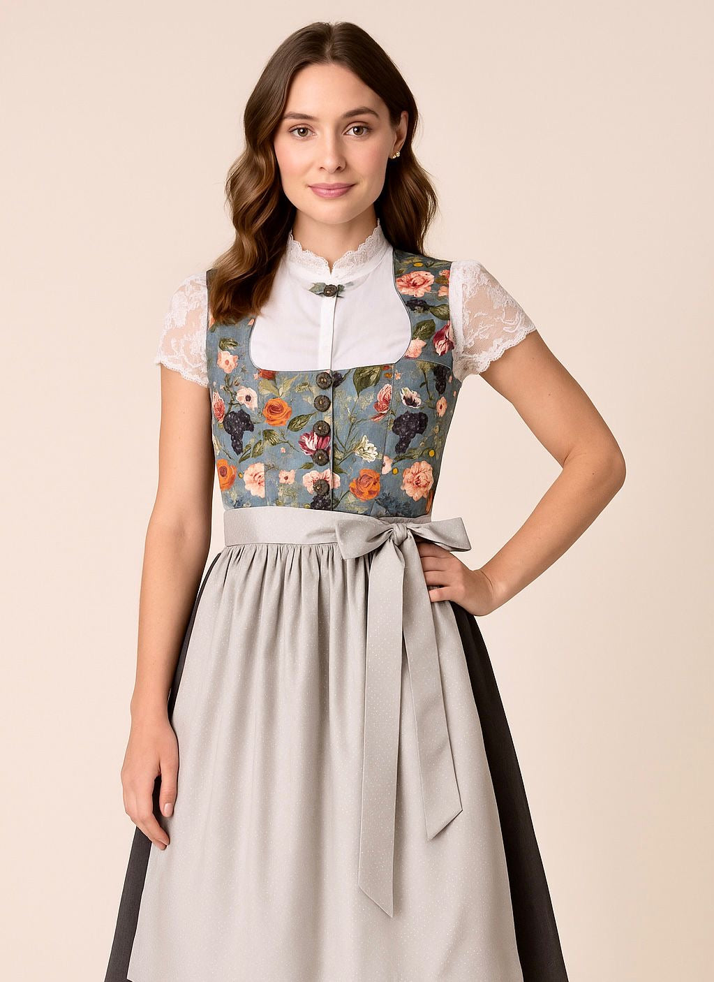 Dirndl Goldstich Samt Blumen hellblau/grau 70cm