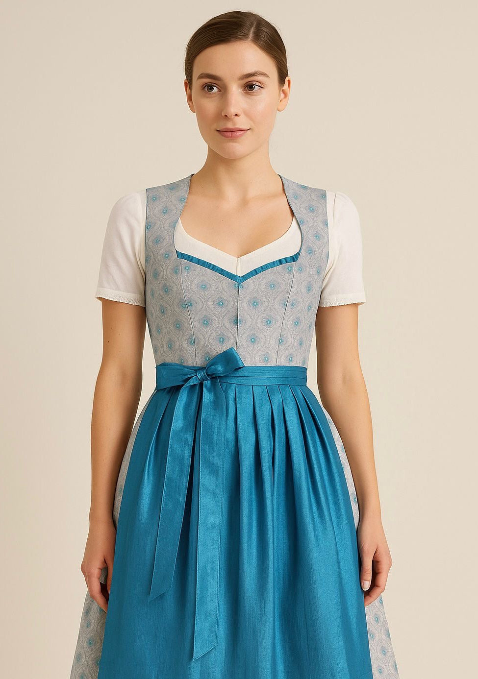 Dirndl Goldstich grau/hellblau 70cm