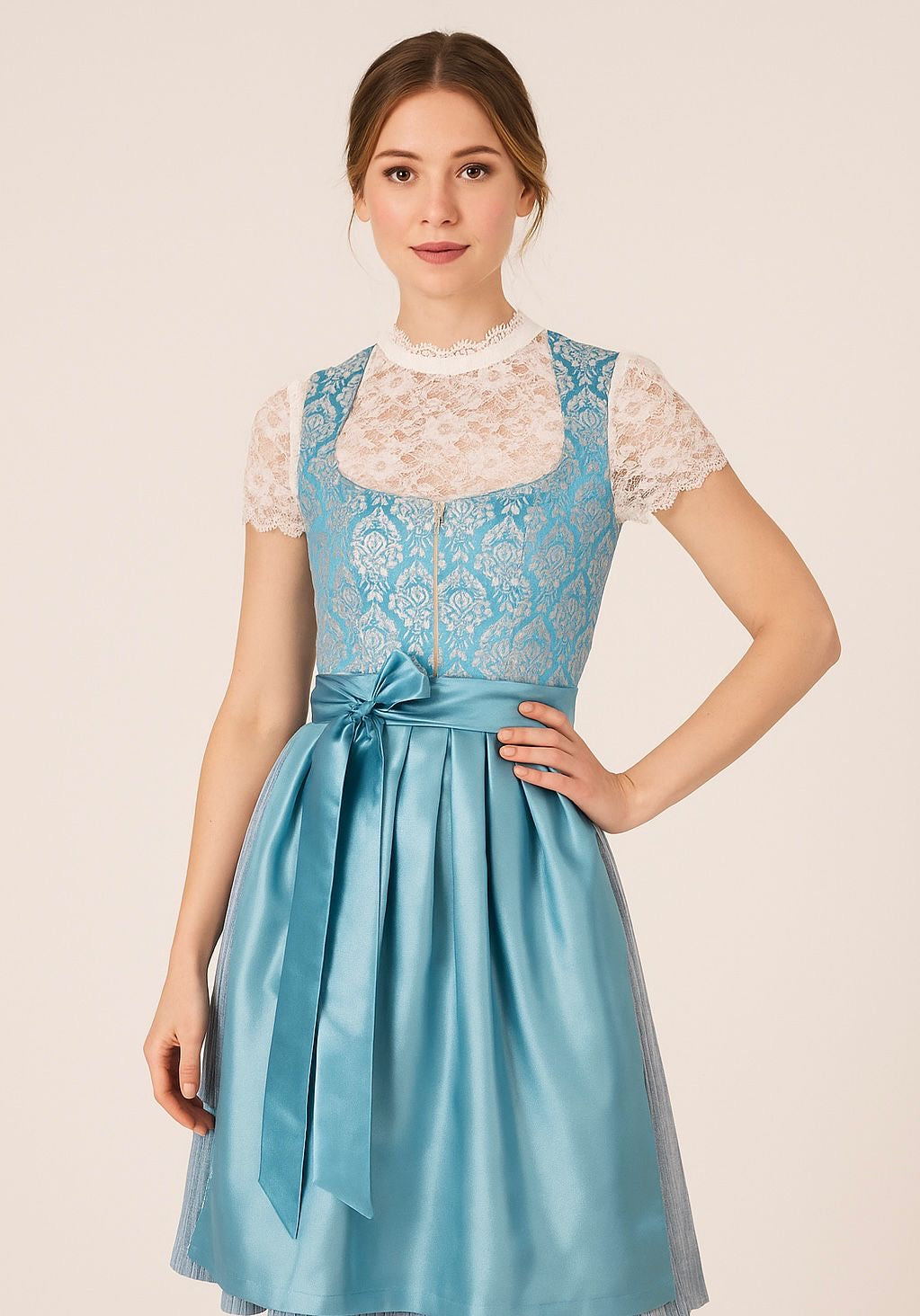 Dirndl Goldstich hellblau/weiß/silber 70cm