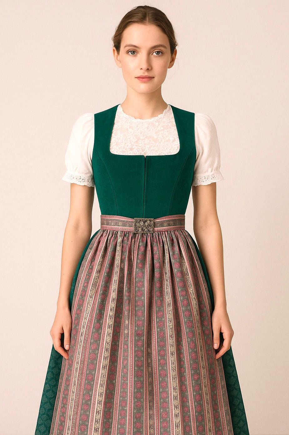 Dirndl Goldstich Cord grün 73cm