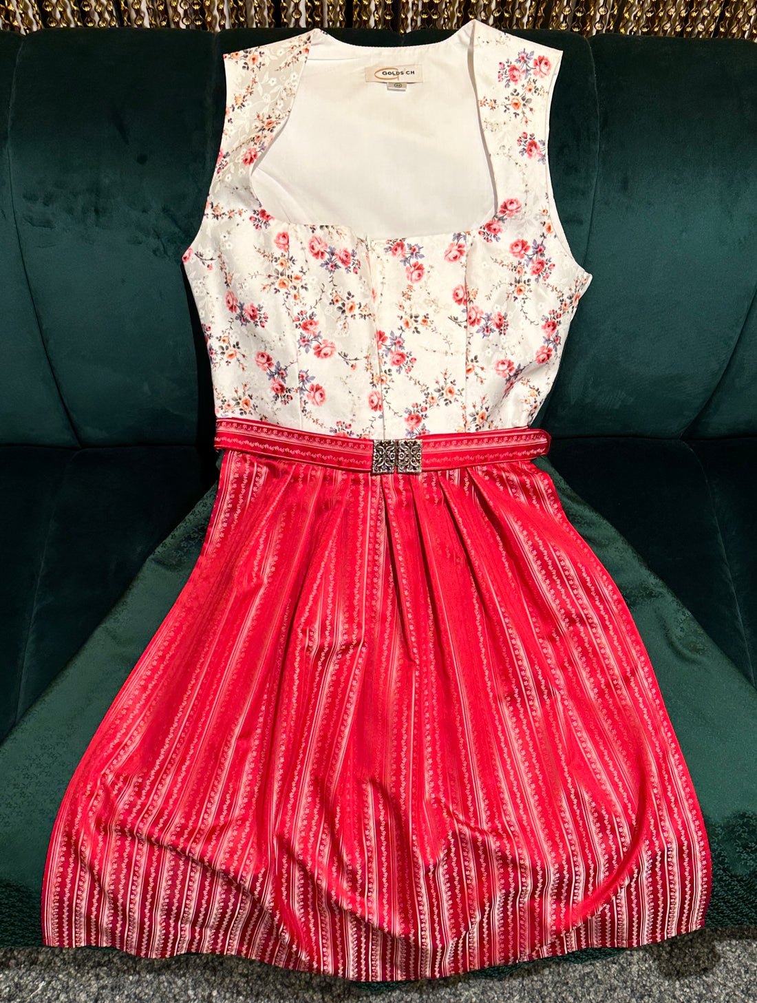 Dirndl Goldstich traditionell weiß/grün/rot geblümt 70cm