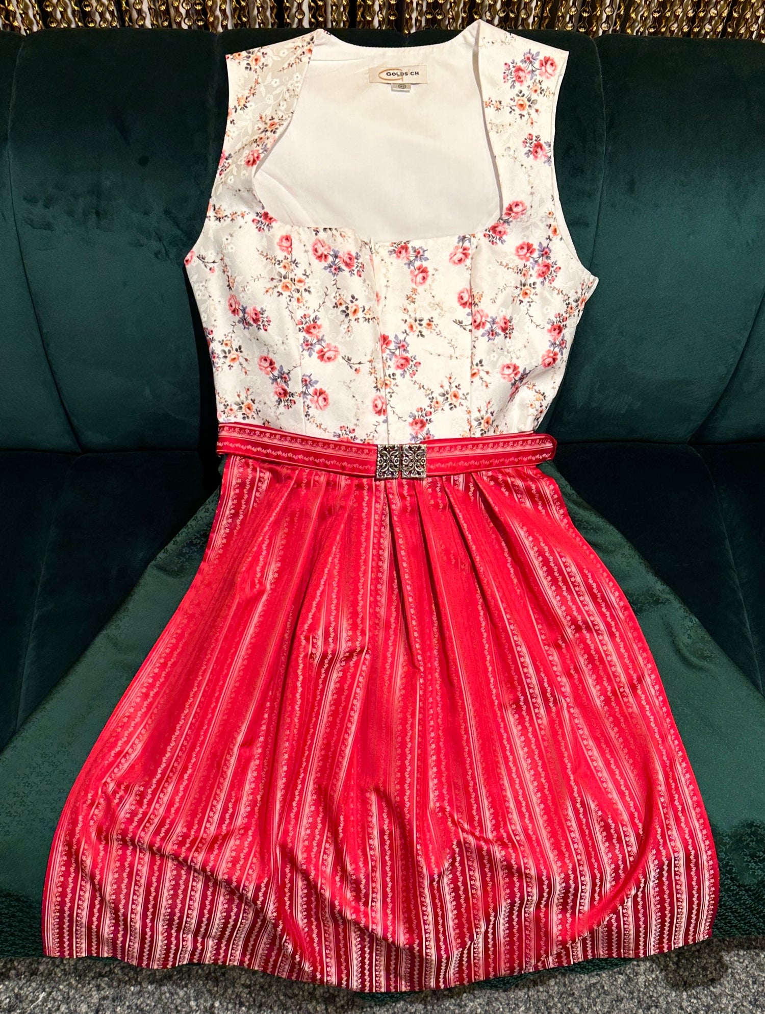 Dirndl Goldstich traditionell weiß/grün/rot geblümt 70cm