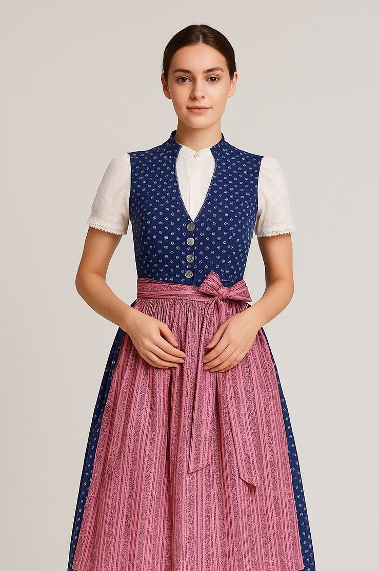 Vintage Baumwolldirndl Goldstich dunkelblau/pink 65cm