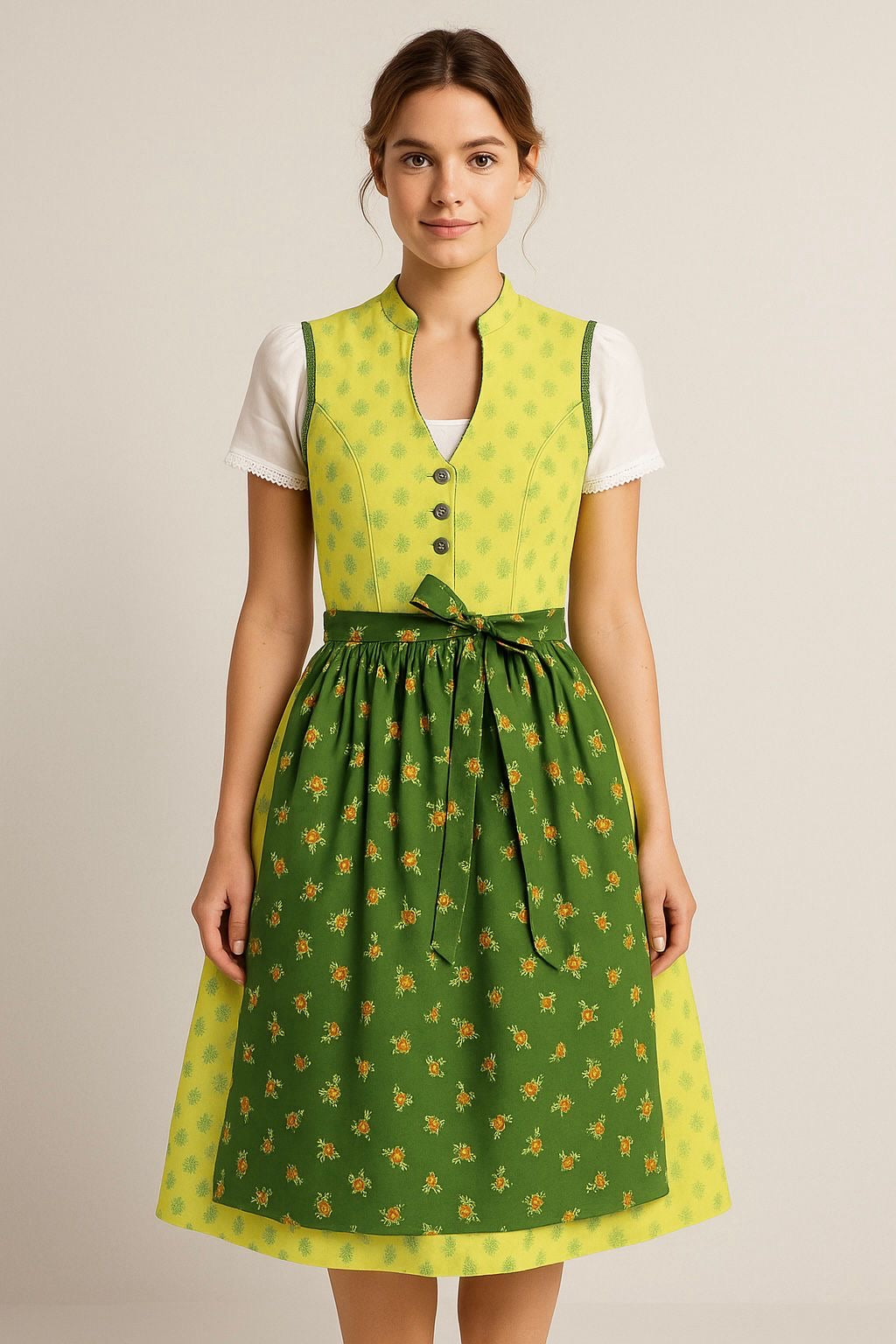 Vintage Baumwolldirndl Goldstich gelb/grün 65cm