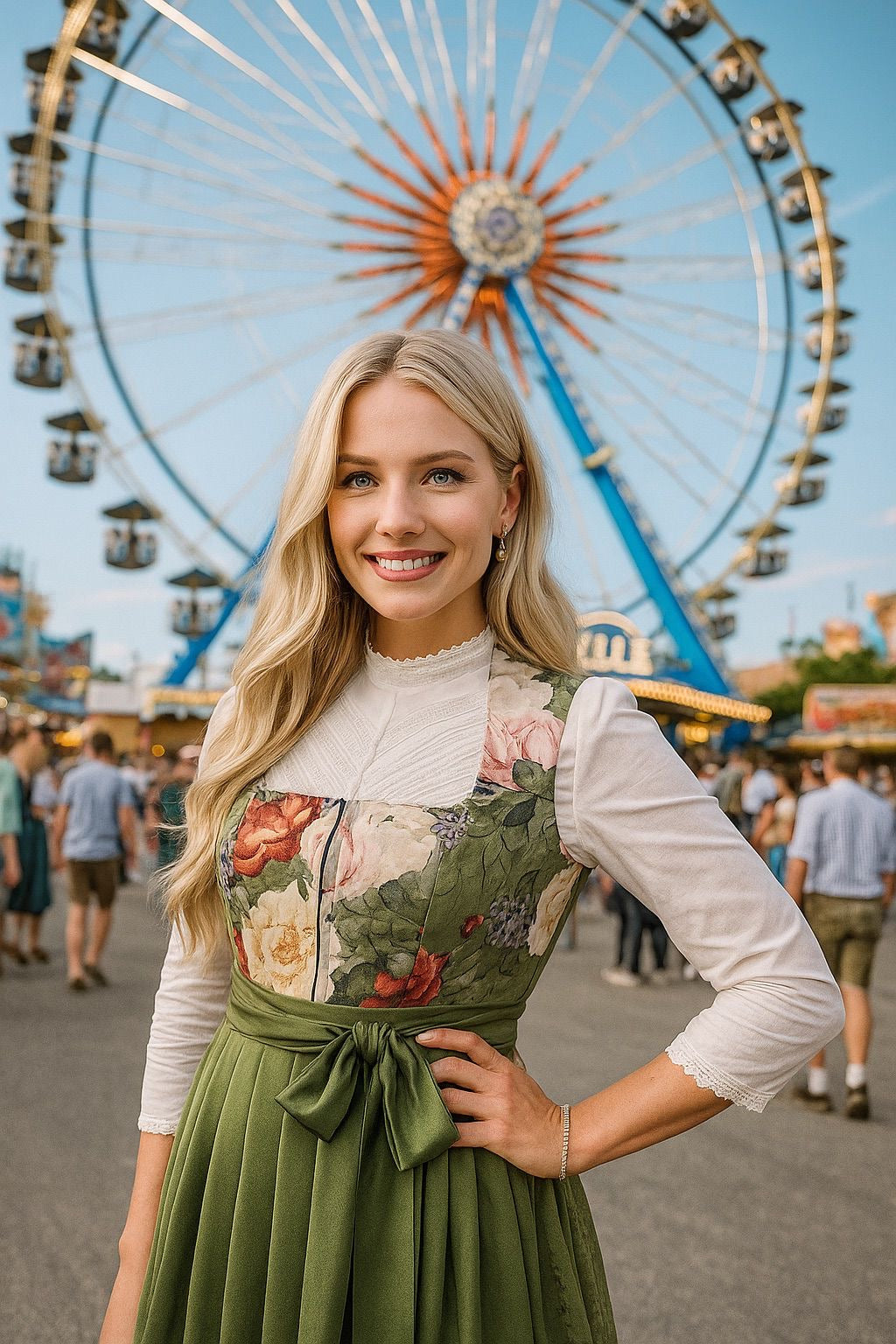 Samtdirndl Goldstich Blumen grün 75cm