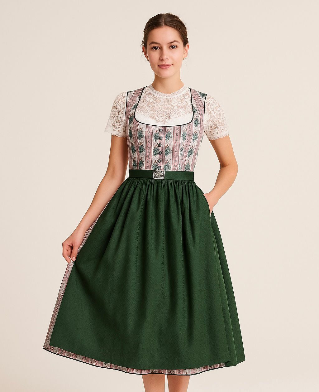 Dirndl Goldstich Blumen rosa/grün 64cm