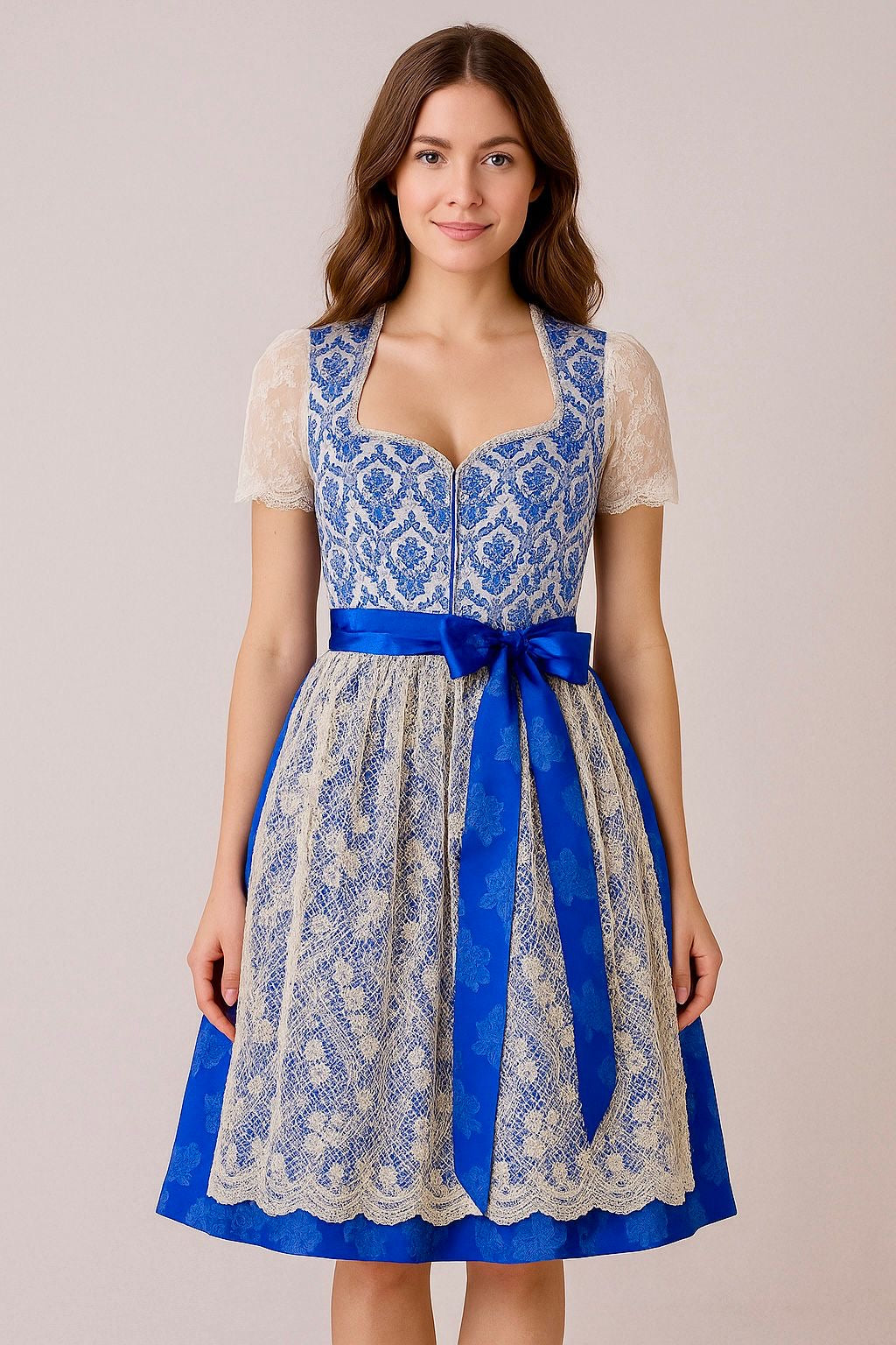 Dirndl Goldstich blau/silber Blumen 70cm