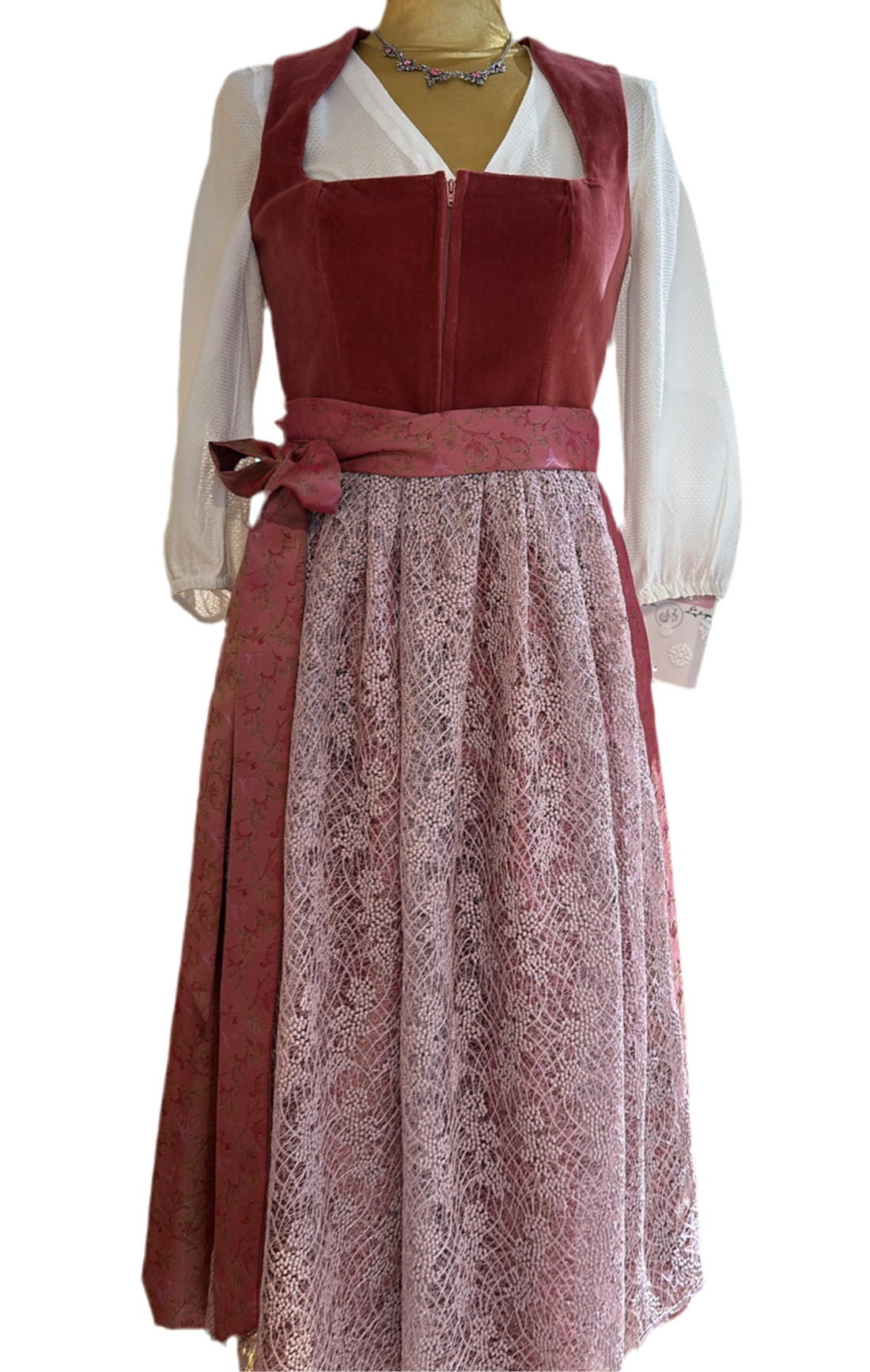 Dirndl Goldstich Samt mit Spitzenschürze 73cm