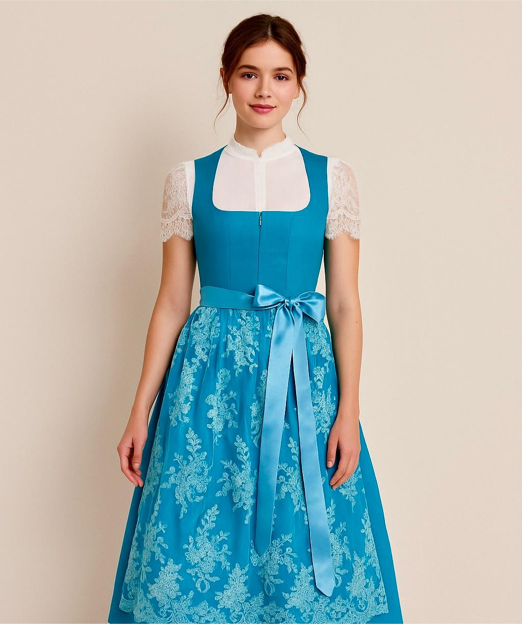 Corddirndl Goldstich Türkis mit Spitzen Schürze 75cm