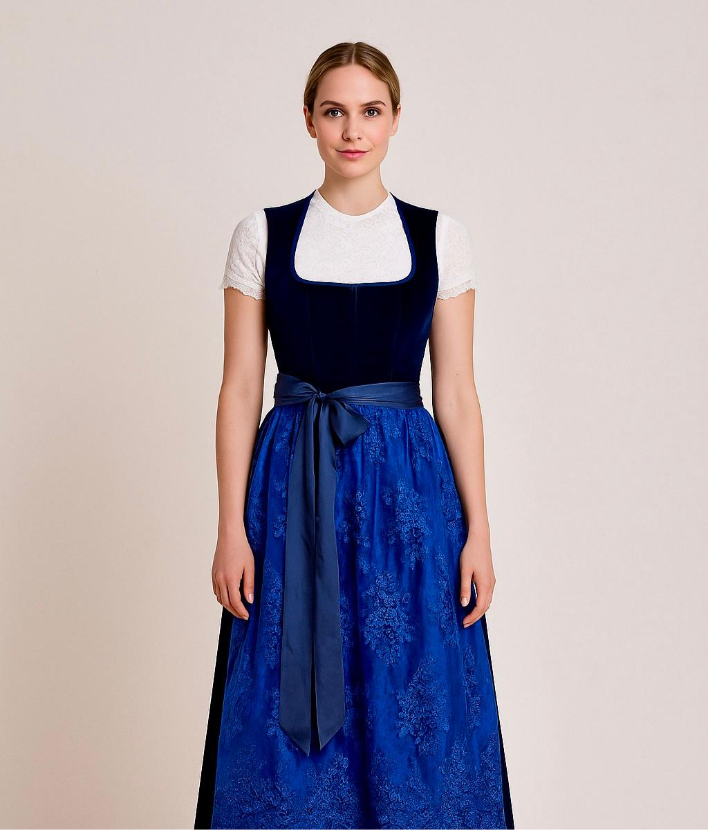 Dirndl Goldstich Samt dunkelblau mit Spitzen Schürze 73cm