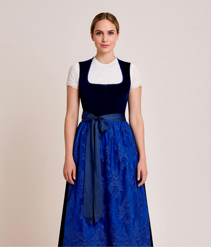 Dirndl Goldstich Samt dunkelblau mit Spitzen Schürze 73cm