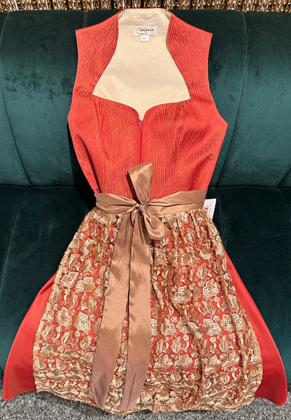 Dirndl Goldstich orange mit Spitzenschürze 70cm