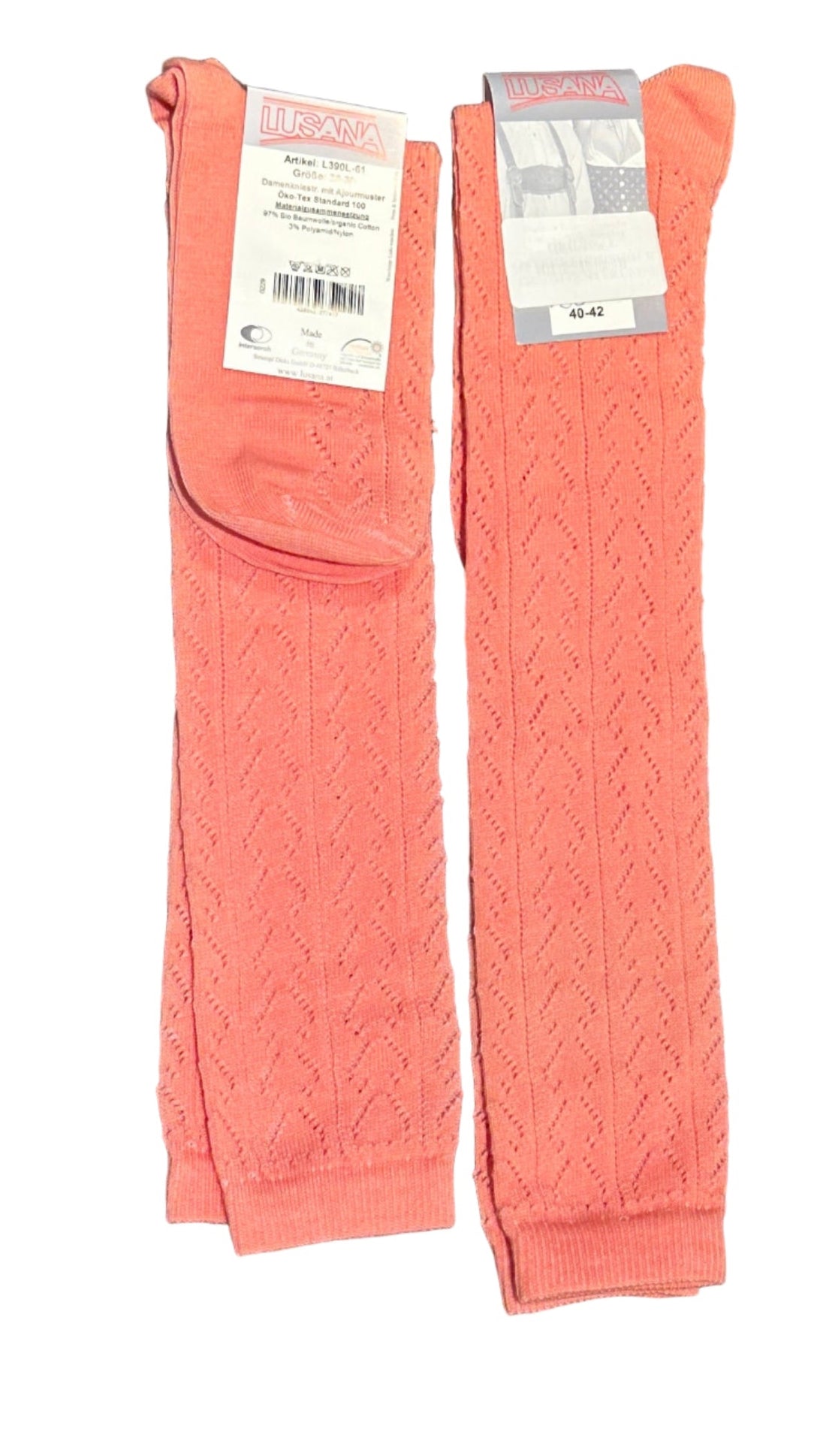 Damen Kniestrümpfe Lusana Ajourmuster lachs