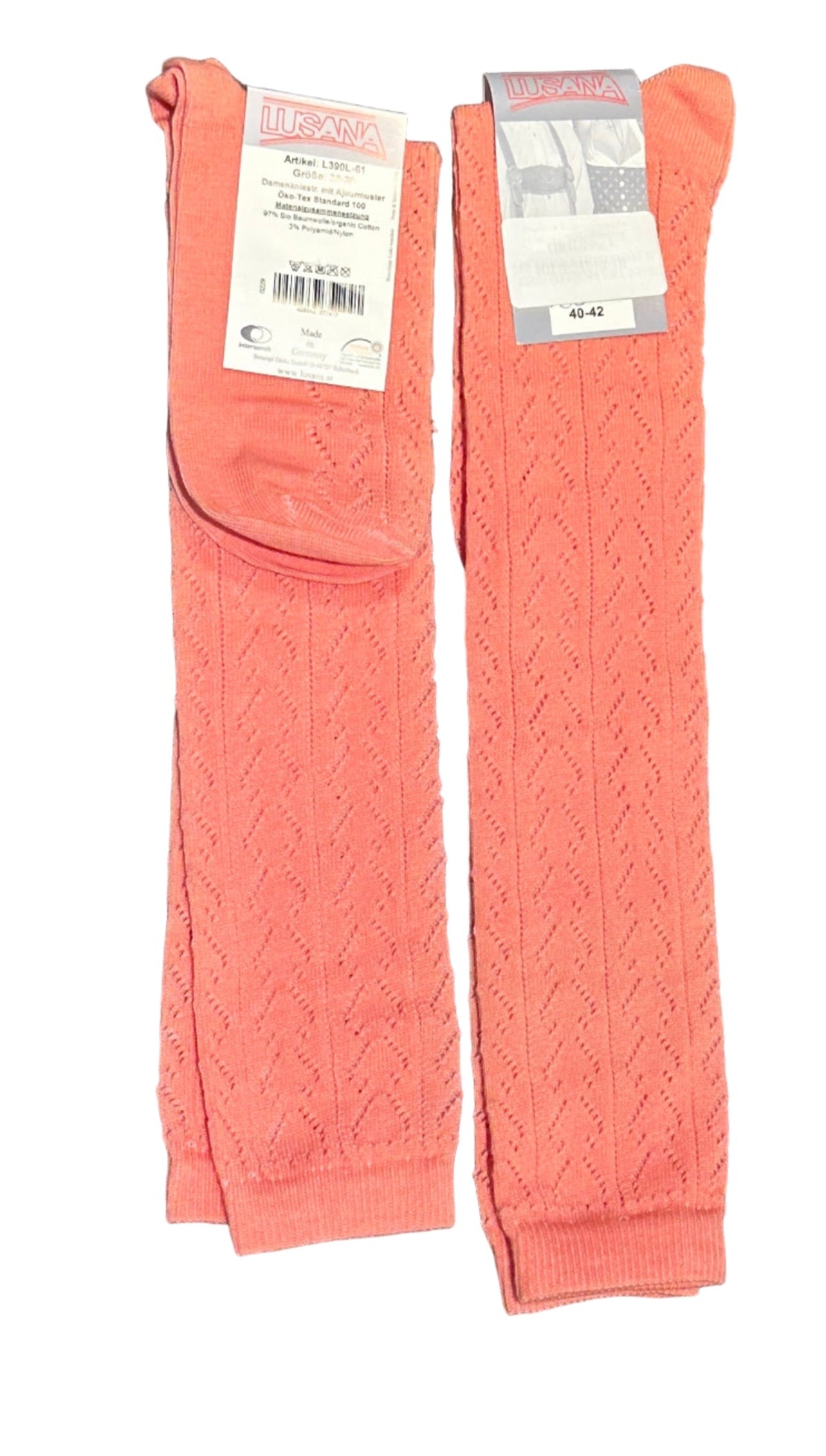 Damen Kniestrümpfe Lusana Ajourmuster lachs
