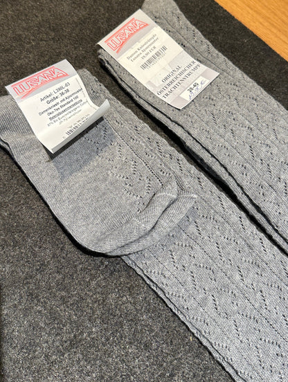Damen Kniestrümpfe Lusana Ajourmuster grau