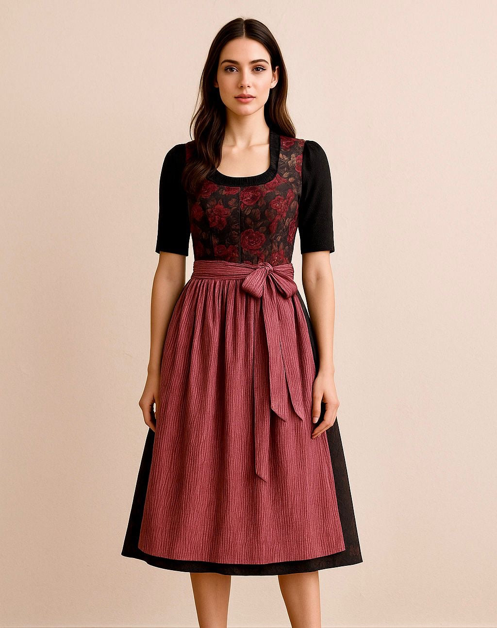 Dirndl Goldstich Samt Blumen schwarz/weinrot 65cm