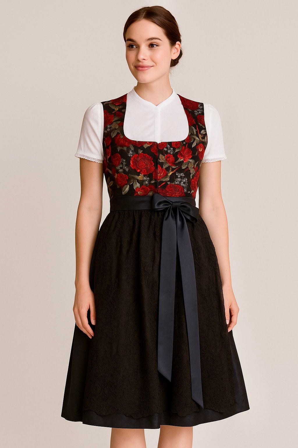 Dirndl Goldstich Samt Blumen schwarz/weinrot 70cm