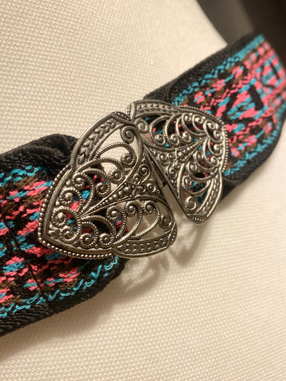 Trachtengürtel Stretch Goldstich schwarz/pink/silber